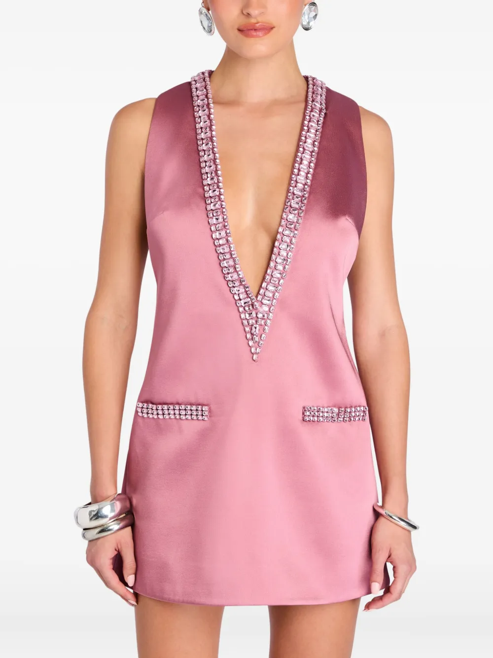 Retrofete Verfraaide mini-jurk met V-hals Roze