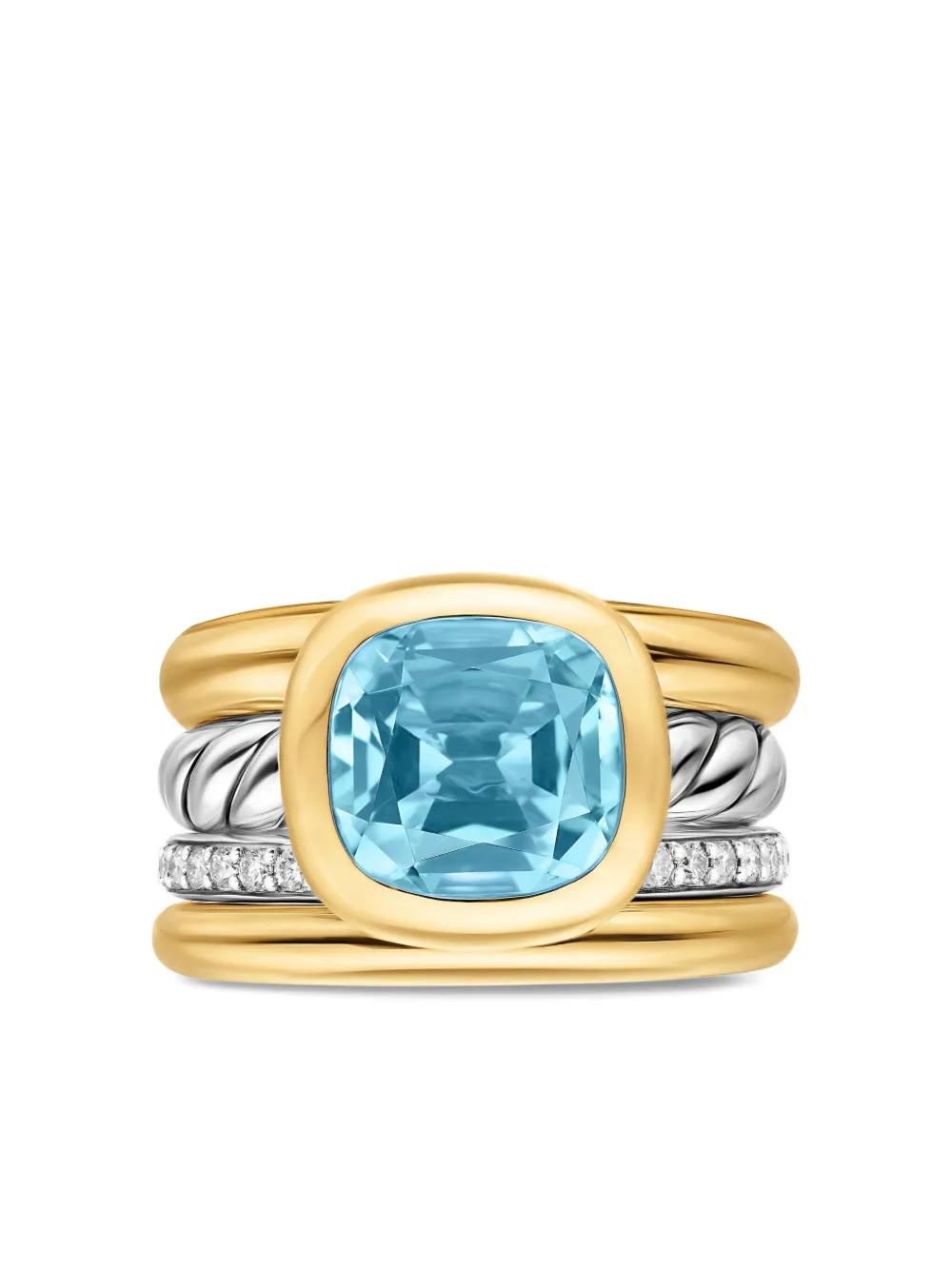 DAVID YURMAN 18K YELLOW GOLD AND STERLING SILVER DY MERCER® FOUR ROW DIAMOND AND TOPAZ RING