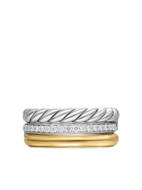 David Yurman 18K Yellow Gold and Sterling Silver DY Mercer® Three Row Diamond Ring