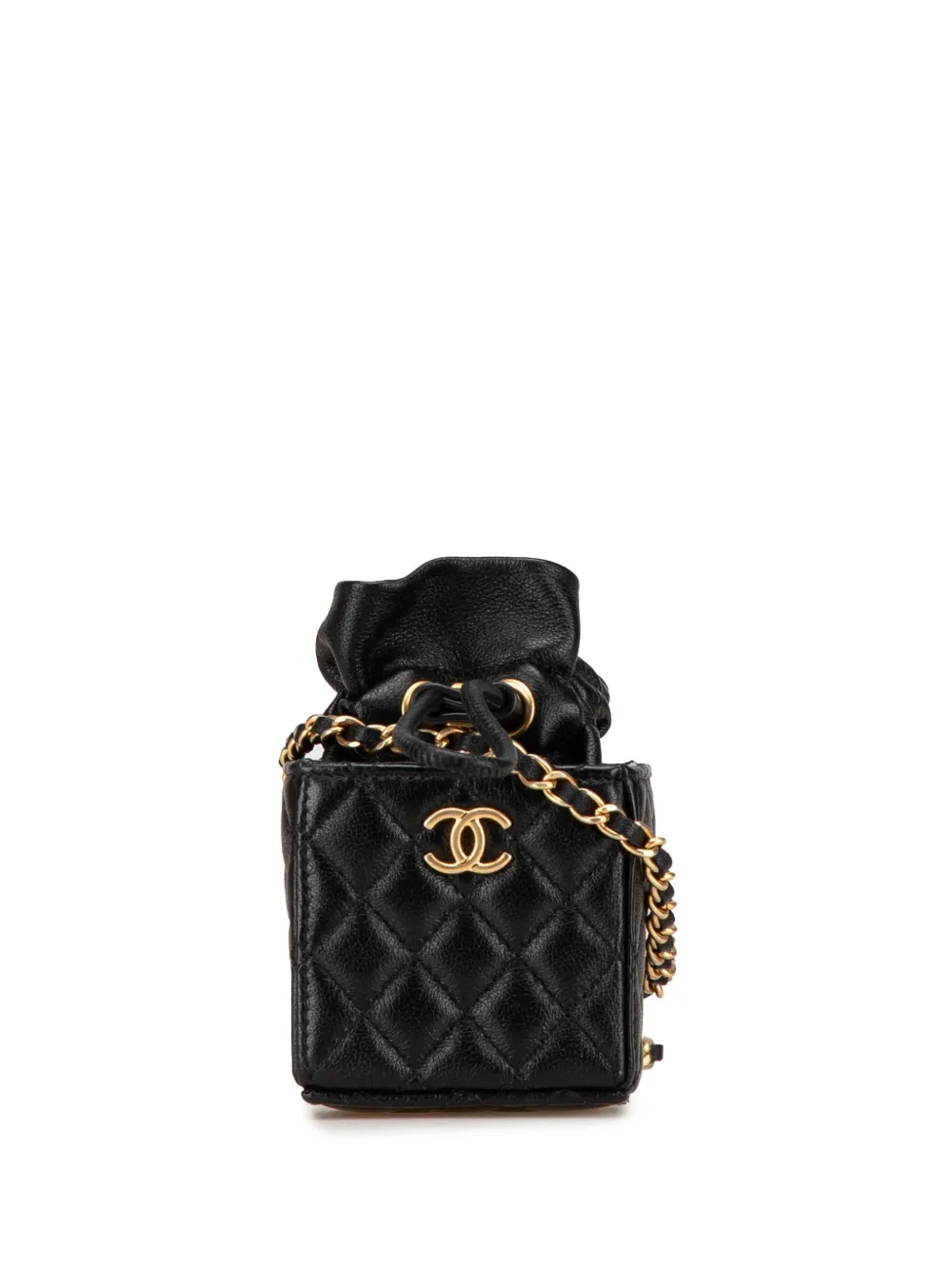 Pre-owned Chanel 2021 Mini Quilted Calfskin Drawstring Bucket Bag In Black
