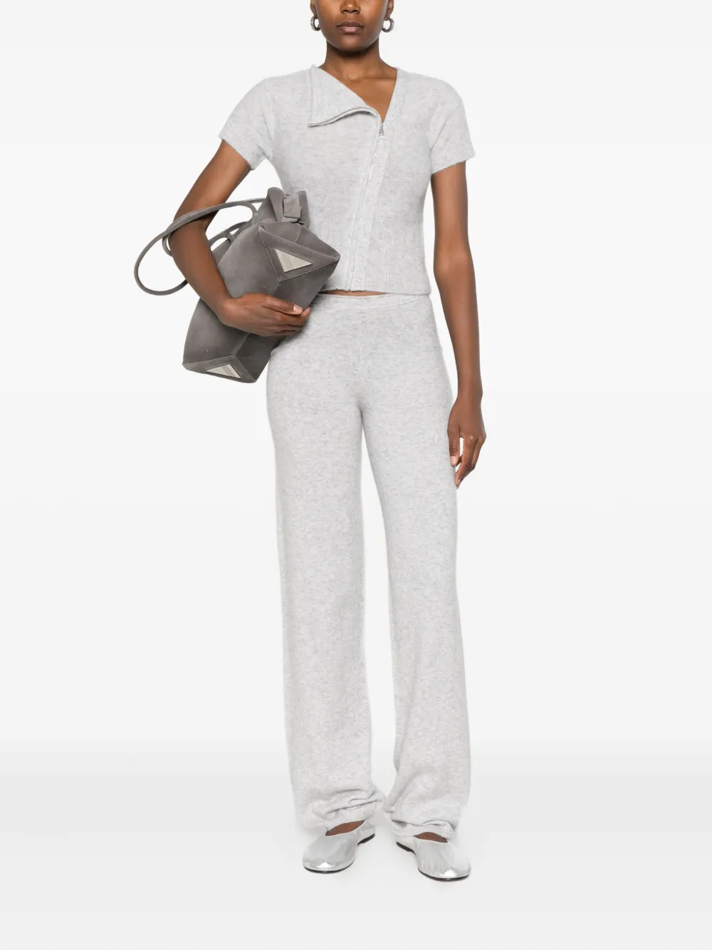 Aya Muse Zip-up Knitted T-shirt In Gray