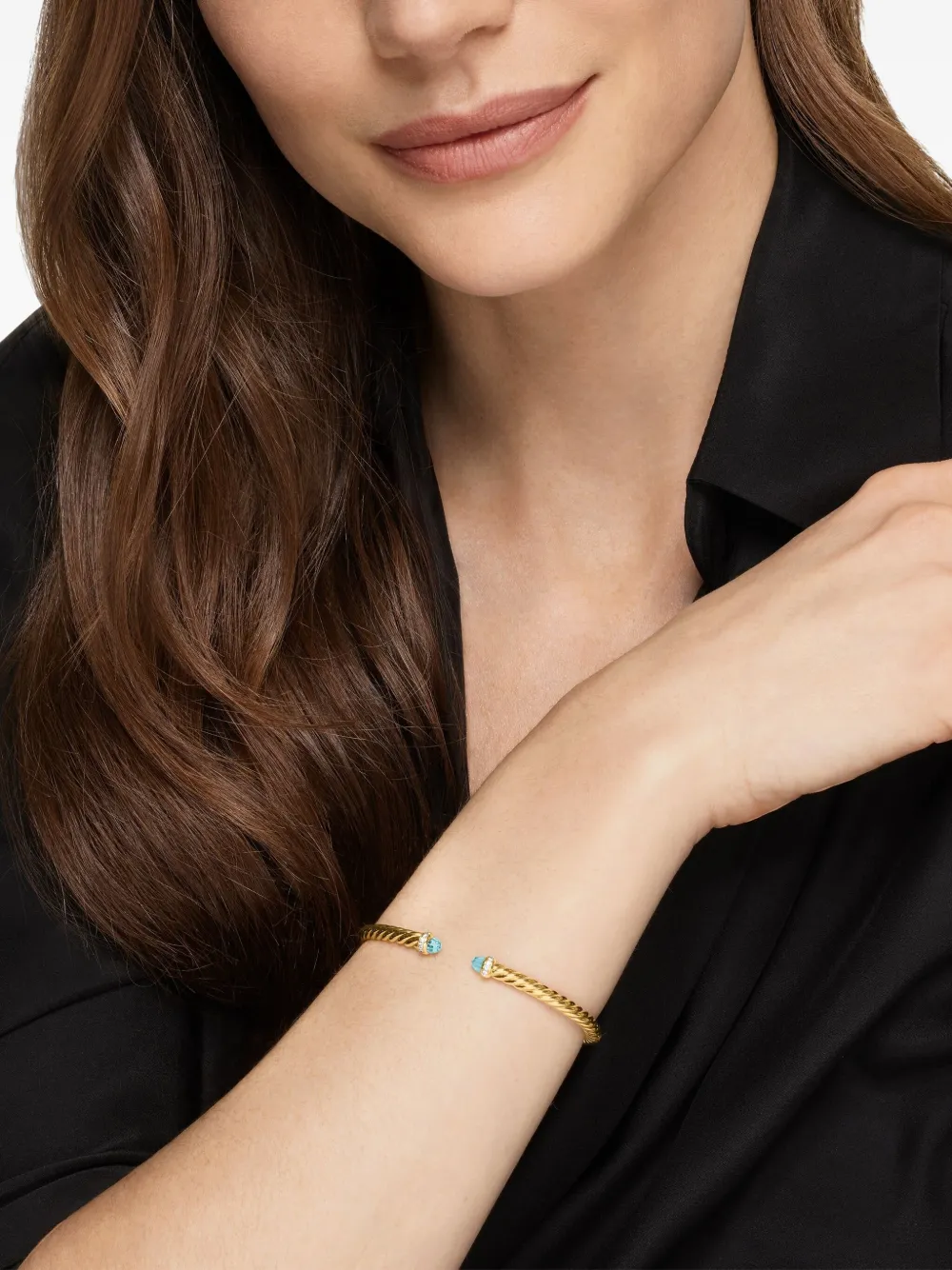 DAVID YURMAN 18K YELLOW GOLD CABLESPIRA® FLEX DIAMOND AND AQUAMARINE BANGLE