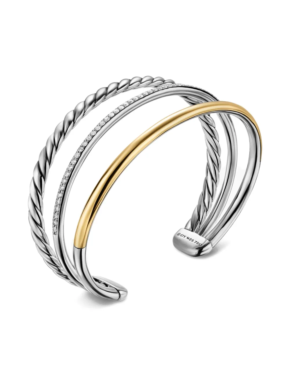 David Yurman 18k Yellow Gold And Sterling Silver Dy Mercer® Three Row Diamond Bangle In Silver