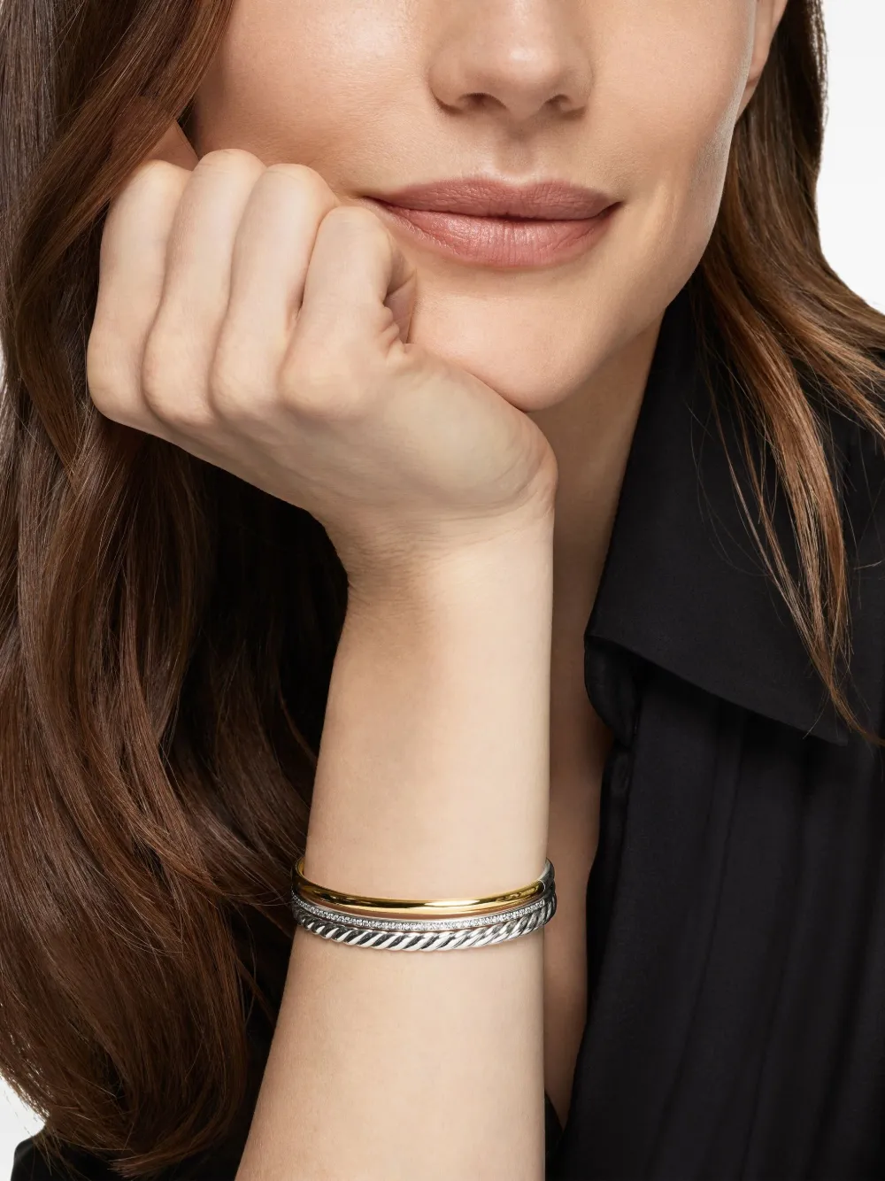 David Yurman DY Mercer® Three Row 18K黄金纯银钻石手镯 | Image 2