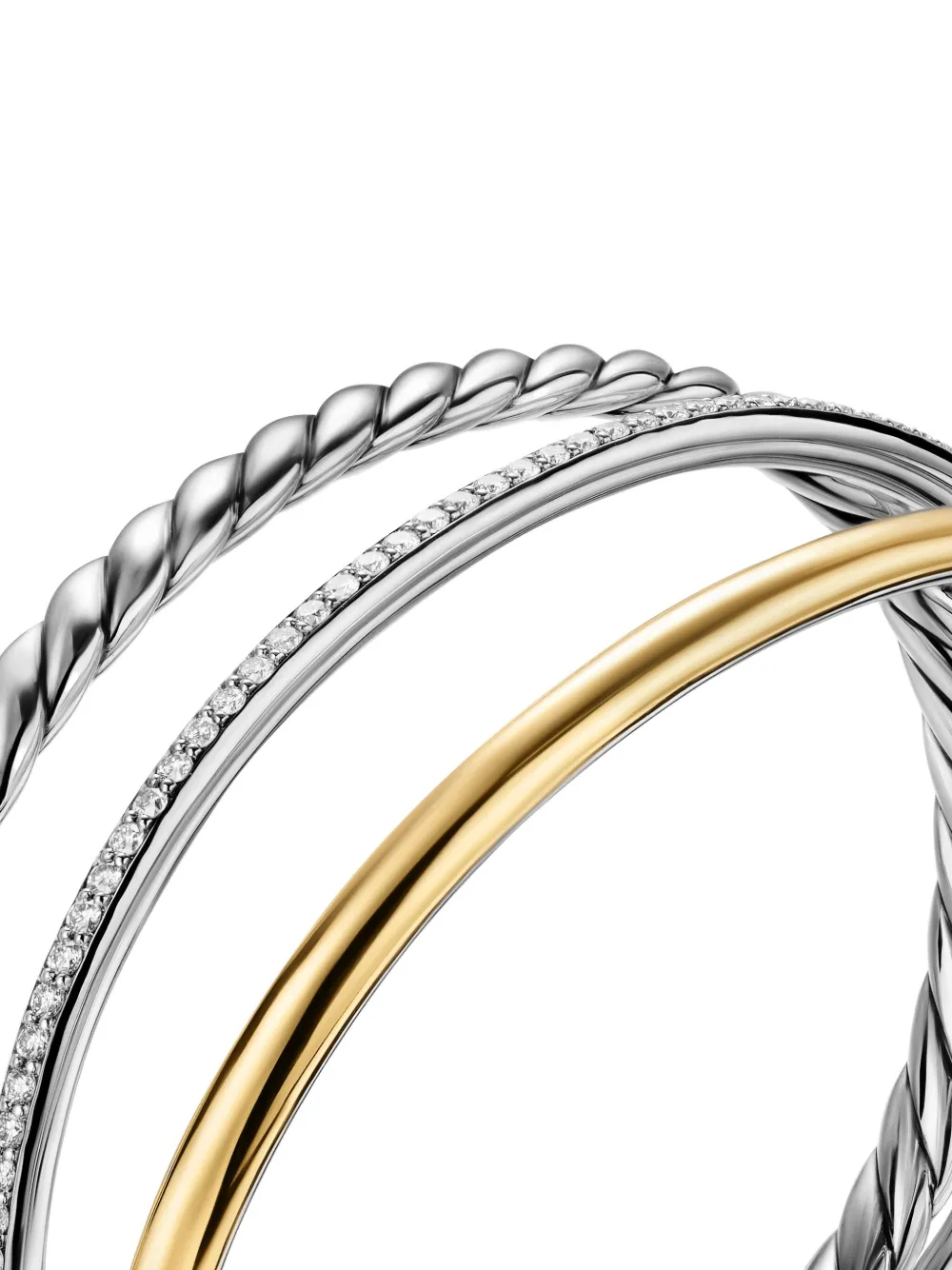 David Yurman 18k Yellow Gold And Sterling Silver Dy Mercer® Three Row Diamond Bangle In Silver