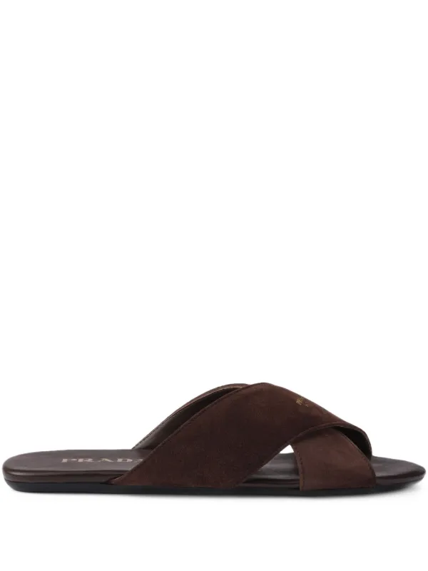 【新作】PRADA クロスストラップサンダル ブラウン レザー Prada クロスストラップ サンダル | ブラウン | FARFETCH JP
