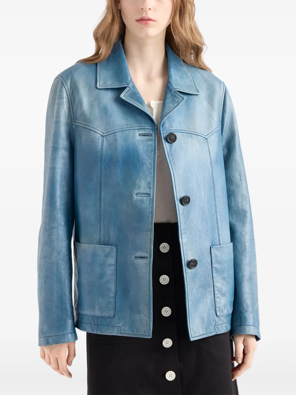 Prada Leren bikerjack Blauw