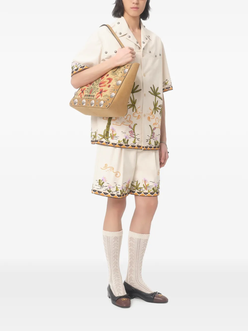 Valentino Garavani Garavani Nellcôte Medium Shopping Bag In Jacquard Fabric In Neutral