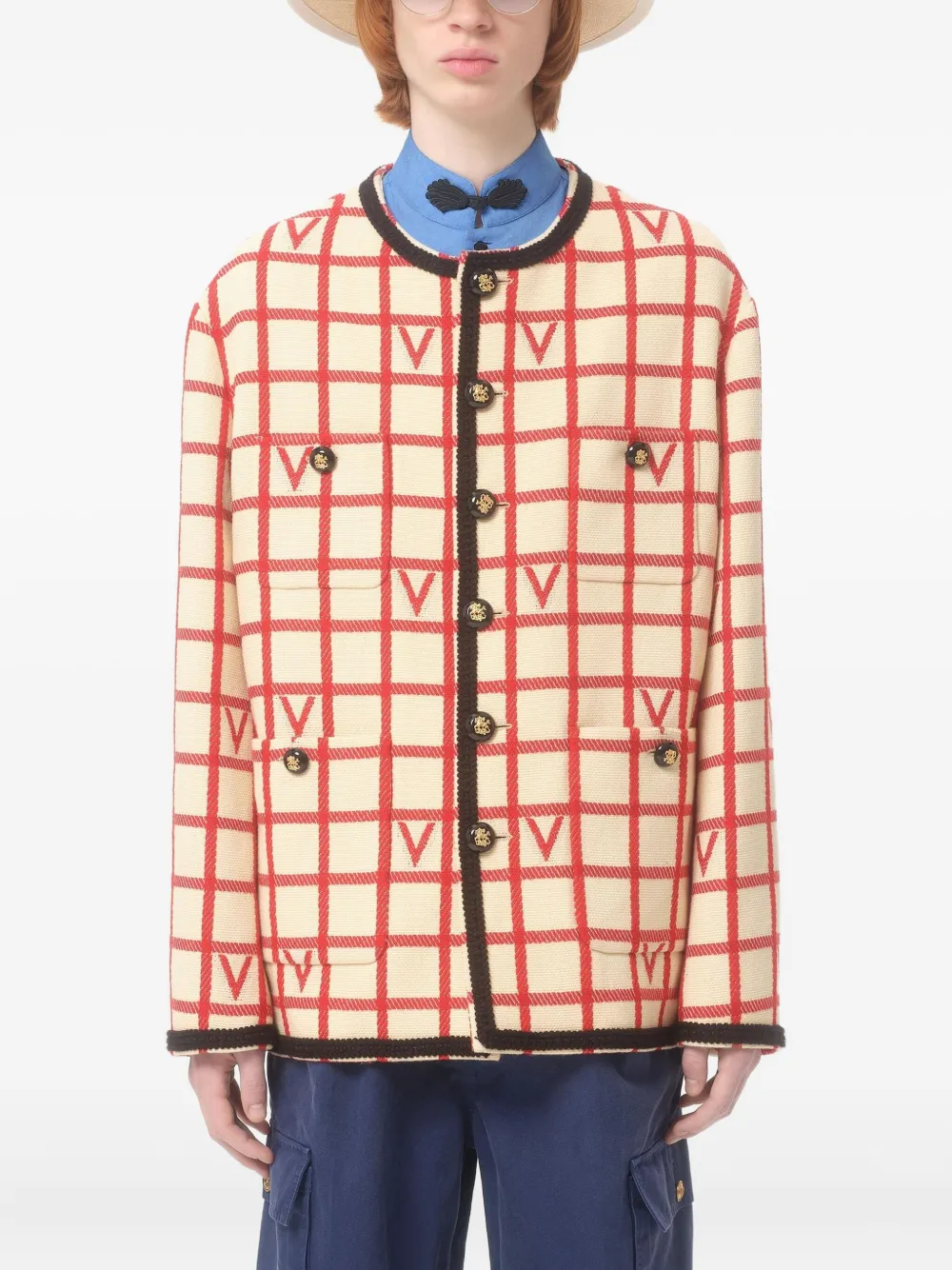 Valentino Checked Button-up Cardigan In Neutral