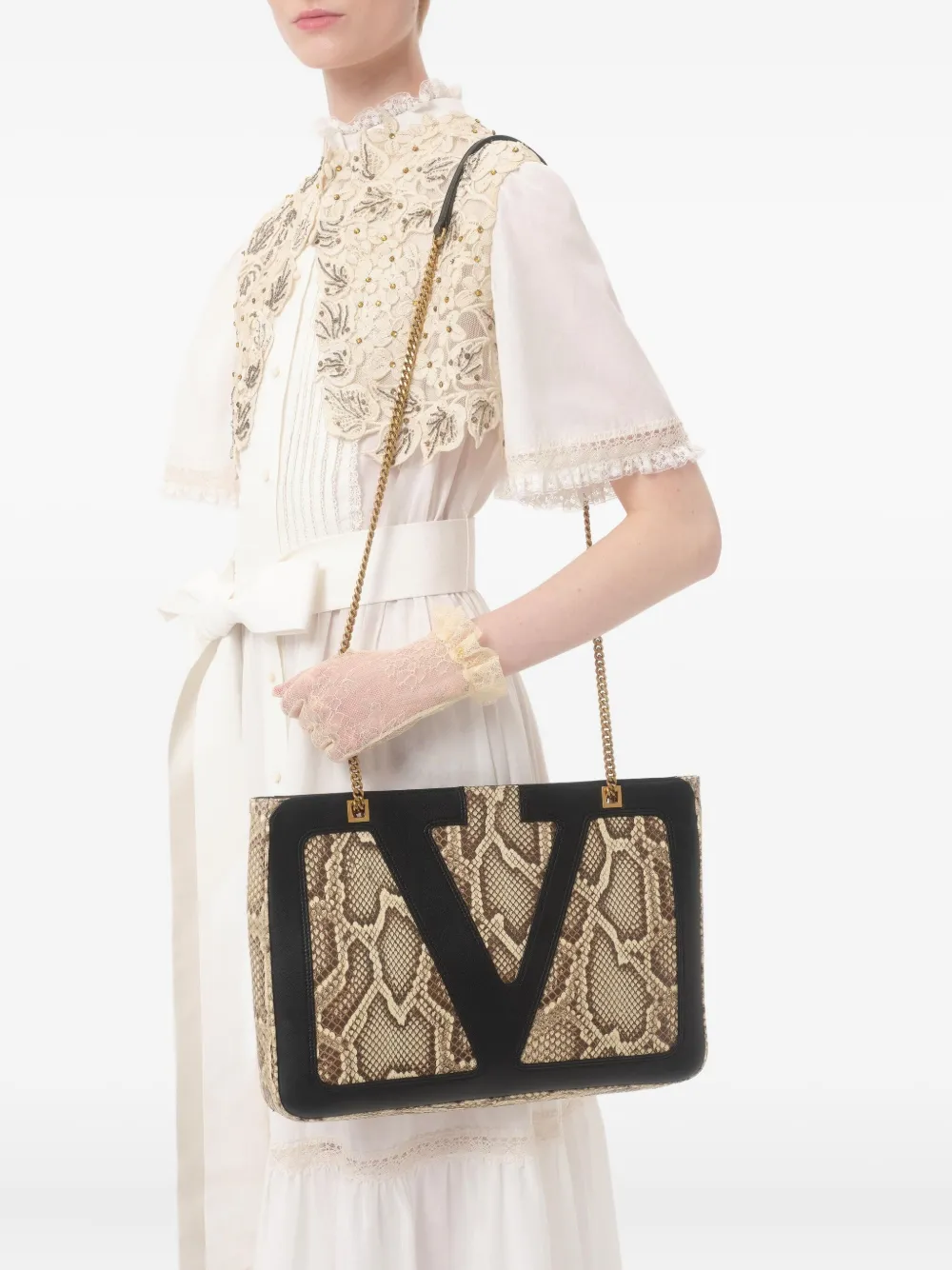 Valentino Garavani Leren shopper met slangen-patroon Beige