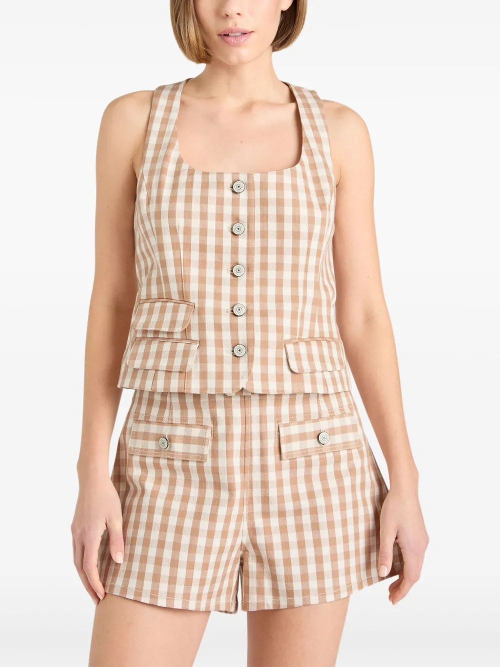 Cinq A Sept Denim top met gingham ruit Beige