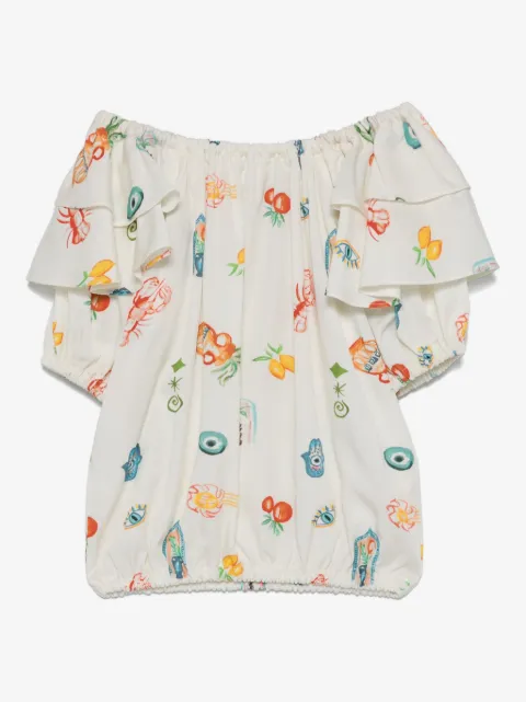 Andorine Gerüschte Bluse mit mediterranem Print