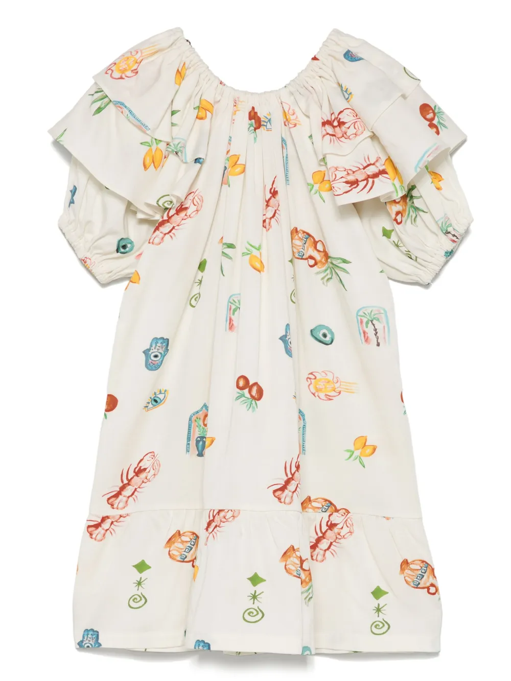 Andorine Gerüschtes Kleid mit mediterranem Print | Weiß | Image 1