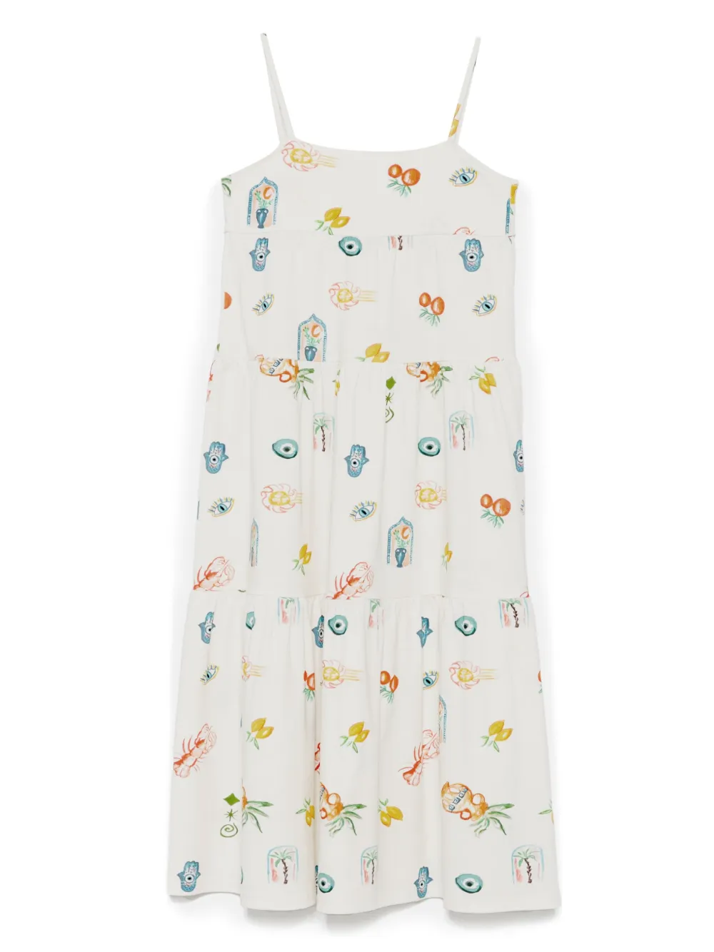 Andorine Gestuftes Kleid mit Mittelmeer-Print | Weiß | Image 1