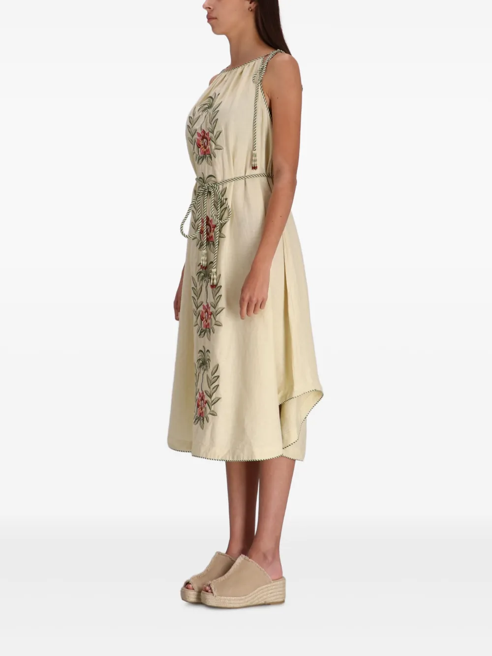 FARM Rio Sand Tropical Flower midi-jurk met borduurwerk Beige