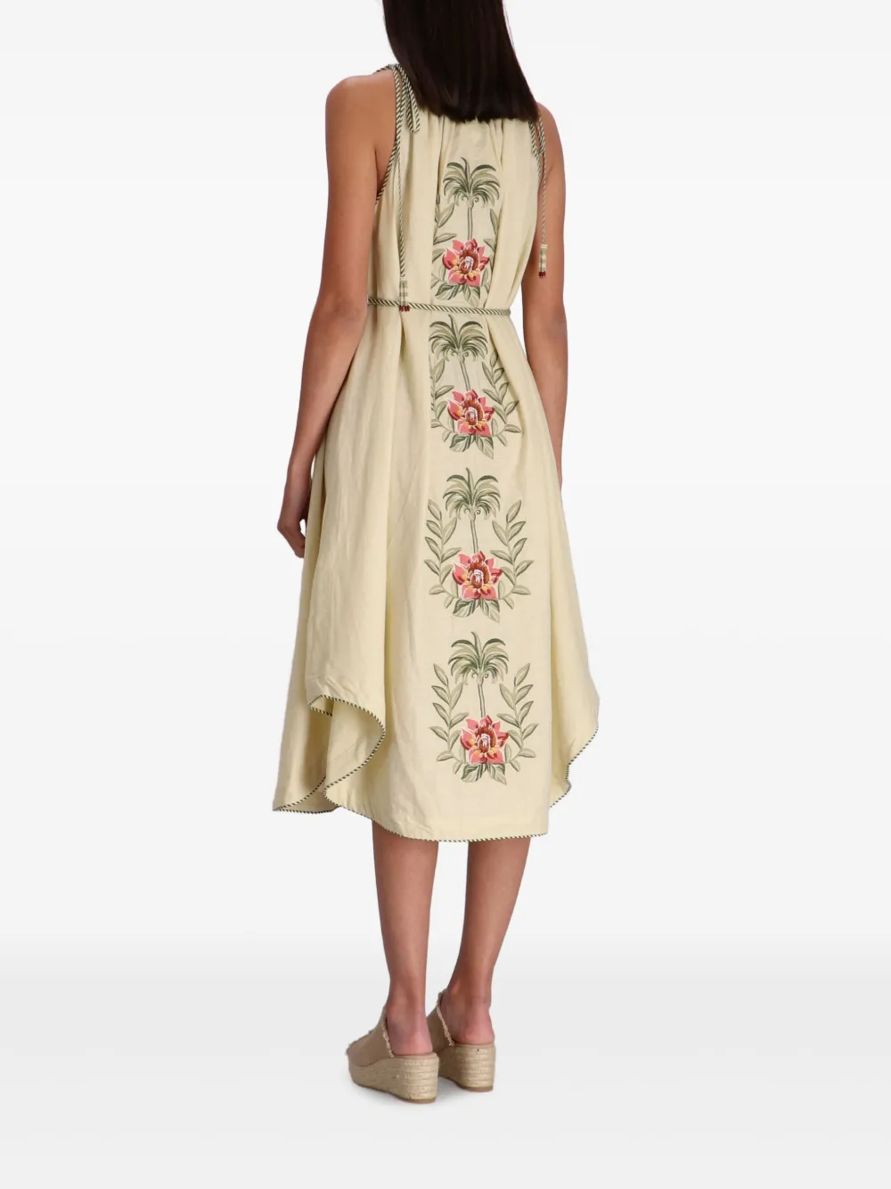 FARM Rio Sand Tropical Flower midi-jurk met borduurwerk Beige