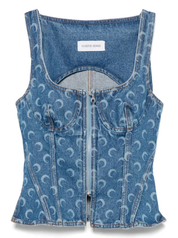 Marine Serre Moon Laser Denim Bustier Top | Blue | FARFETCH