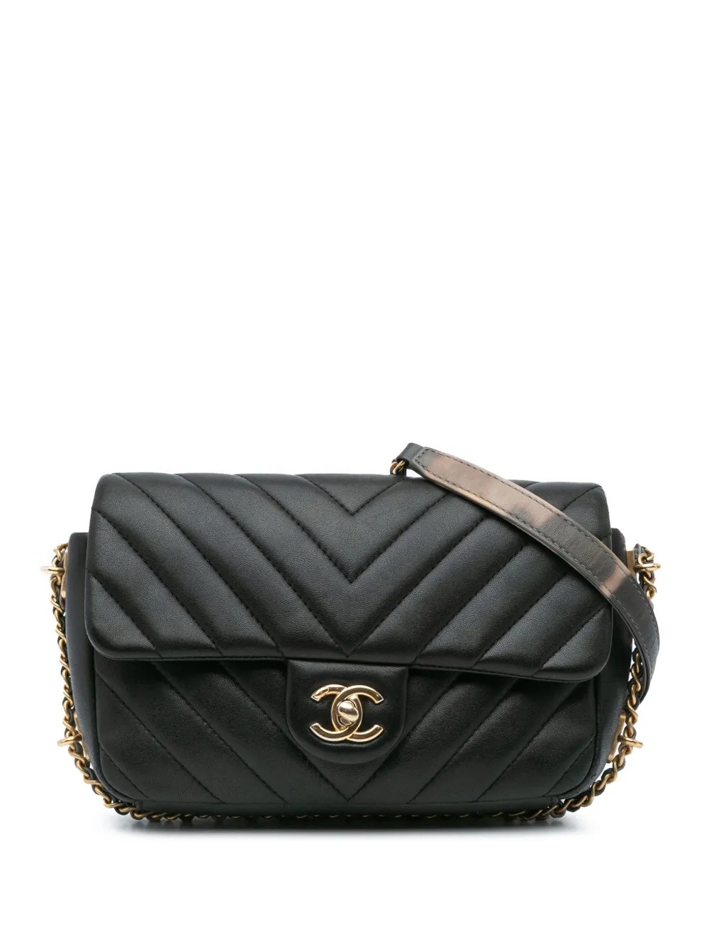 CHANEL Pre-Owned 2018 Mini Rectangular Chevron Lambskin Chain Around Flap crossbody bag | Black | Image 1
