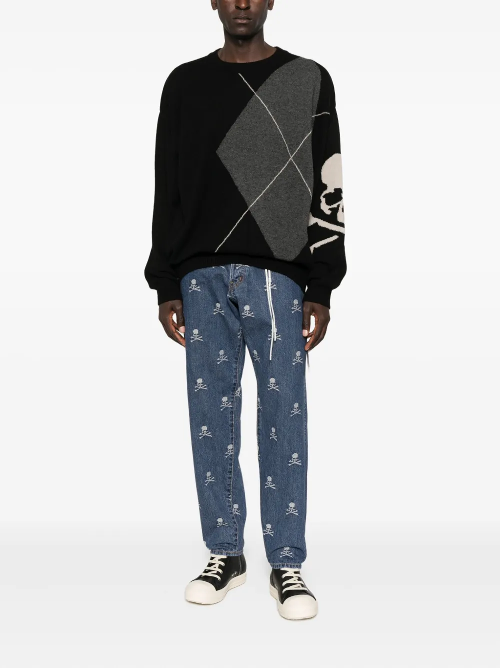Mastermind Japan Trui met argyle doodskop - Zwart