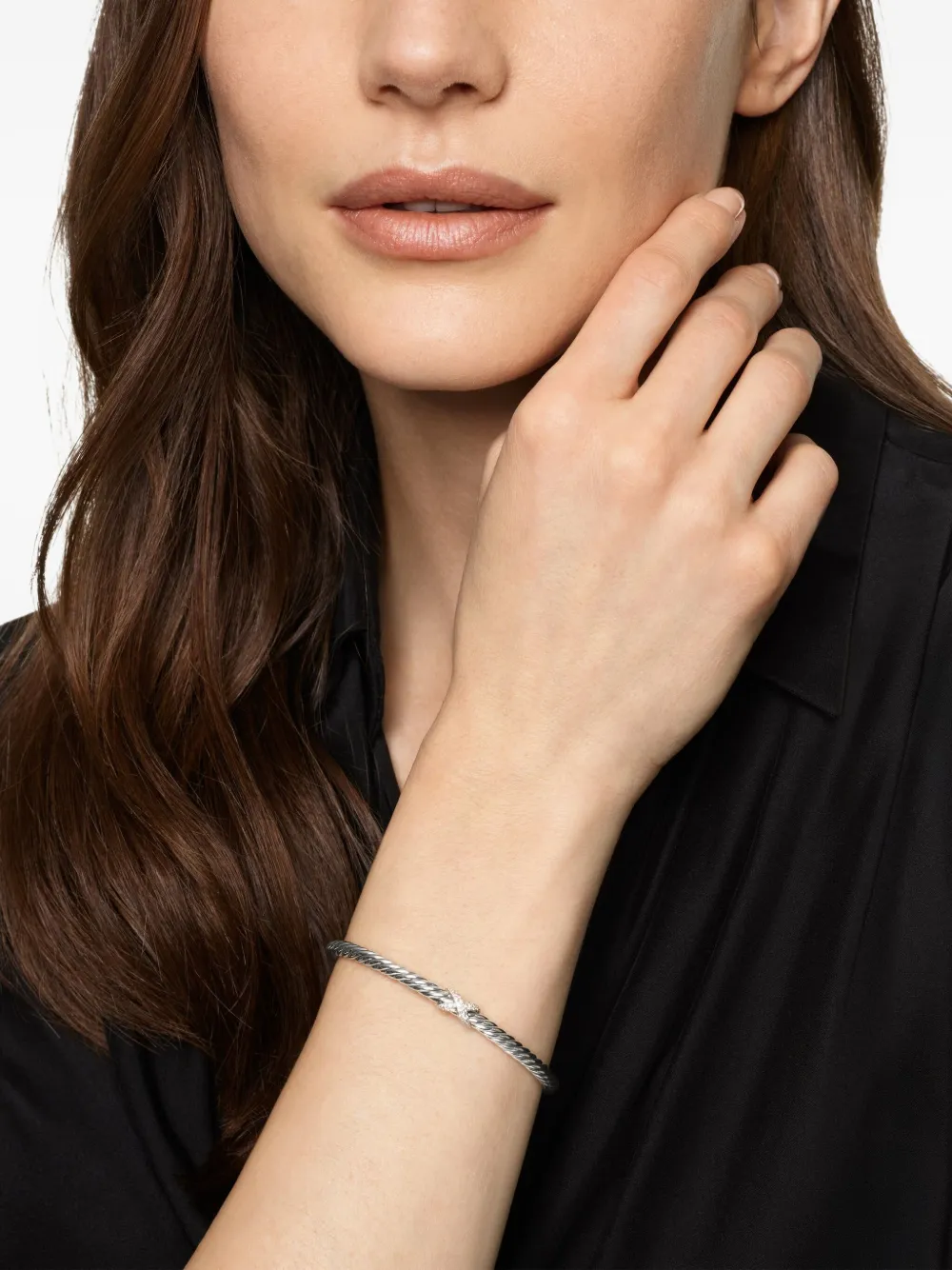 David Yurman Sterling-silver Cable Flex X Station Diamond Bangle In Silver