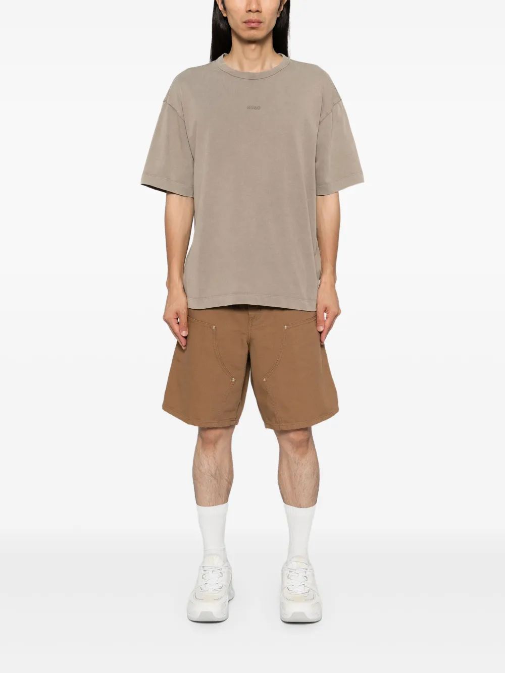HUGO Katoenen T-shirt met logoprint - Bruin