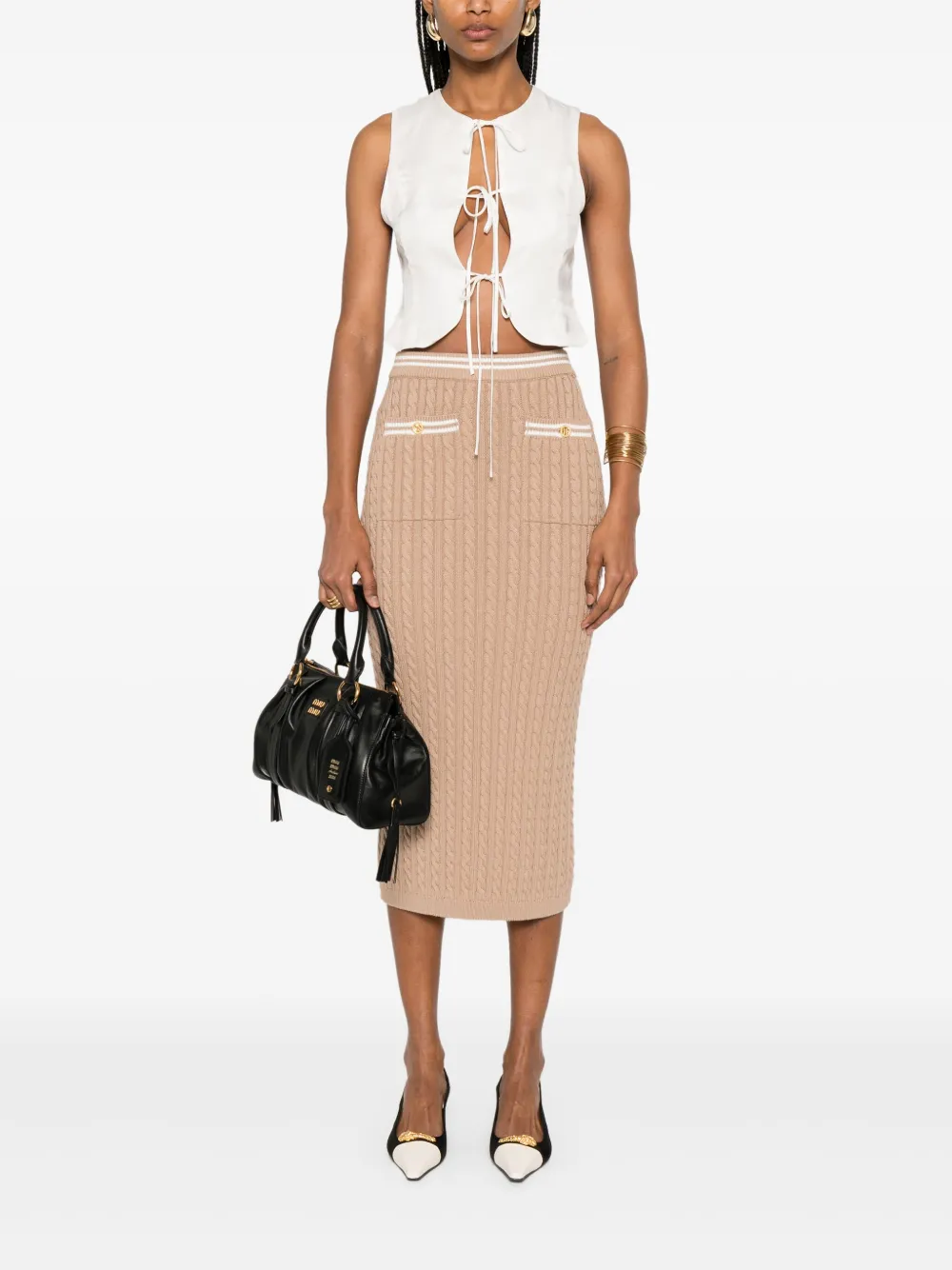 alessandrarich Alessandra Rich Kabelgebreide midi-rok - Beige