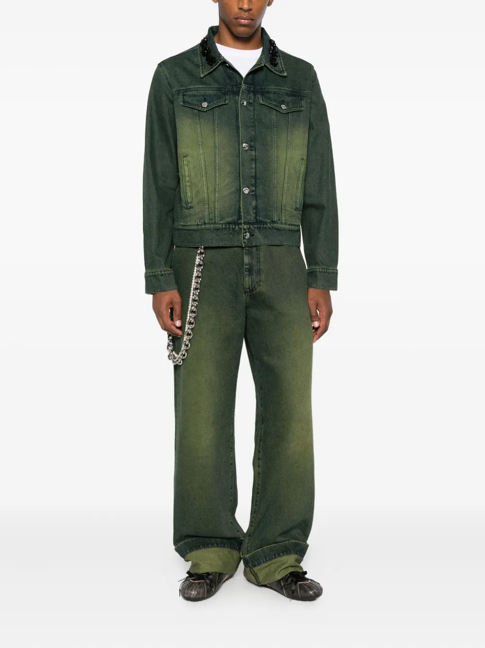 Simone Rocha Embellished-collar Denim Jacket In Green