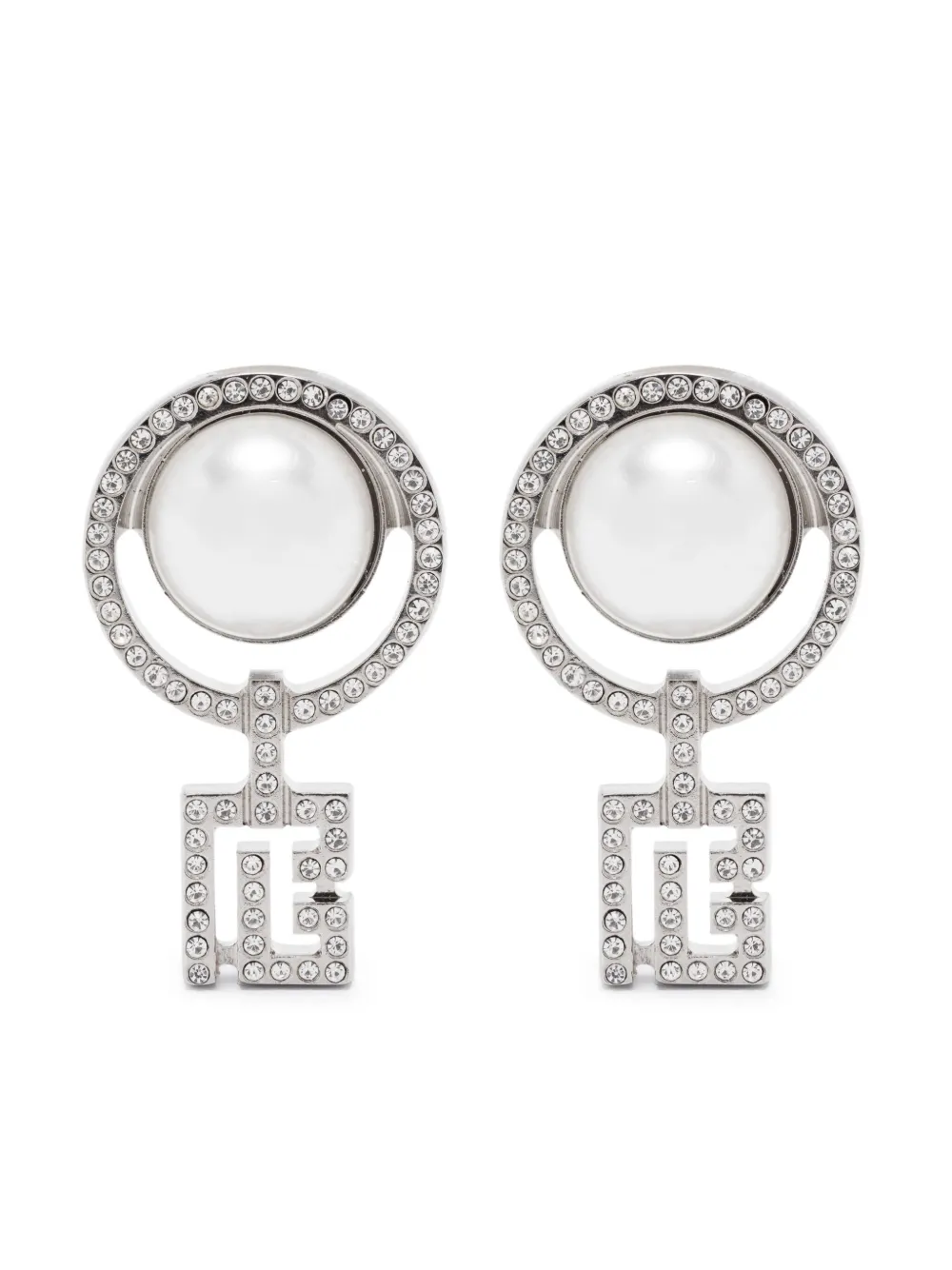 Art Deco clip-on earringssilver-tone polished finish clip-on design round-cut white crystals faux-pearl embellishment These earri...