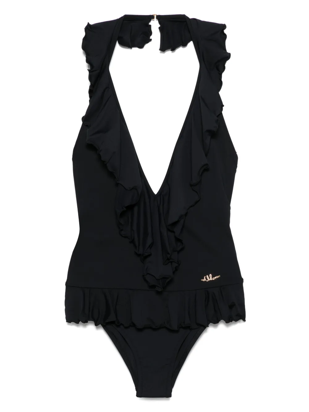 Shop Chloé Ruffled V-neck Swimsuit In 黑色