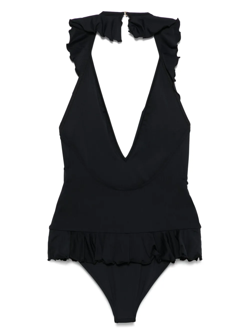 Shop Chloé Ruffled V-neck Swimsuit In 黑色