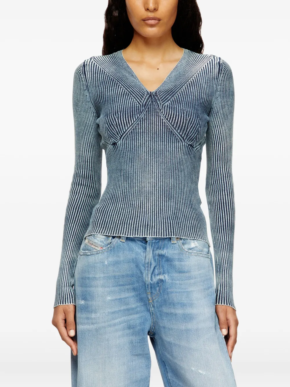 Diesel Geribbelde top met V-hals Blauw
