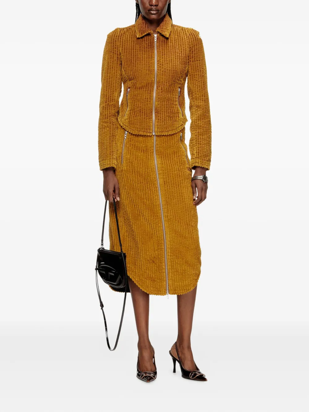 Diesel O-LLIPOP ribfluwelen midi-rok met rits Bruin