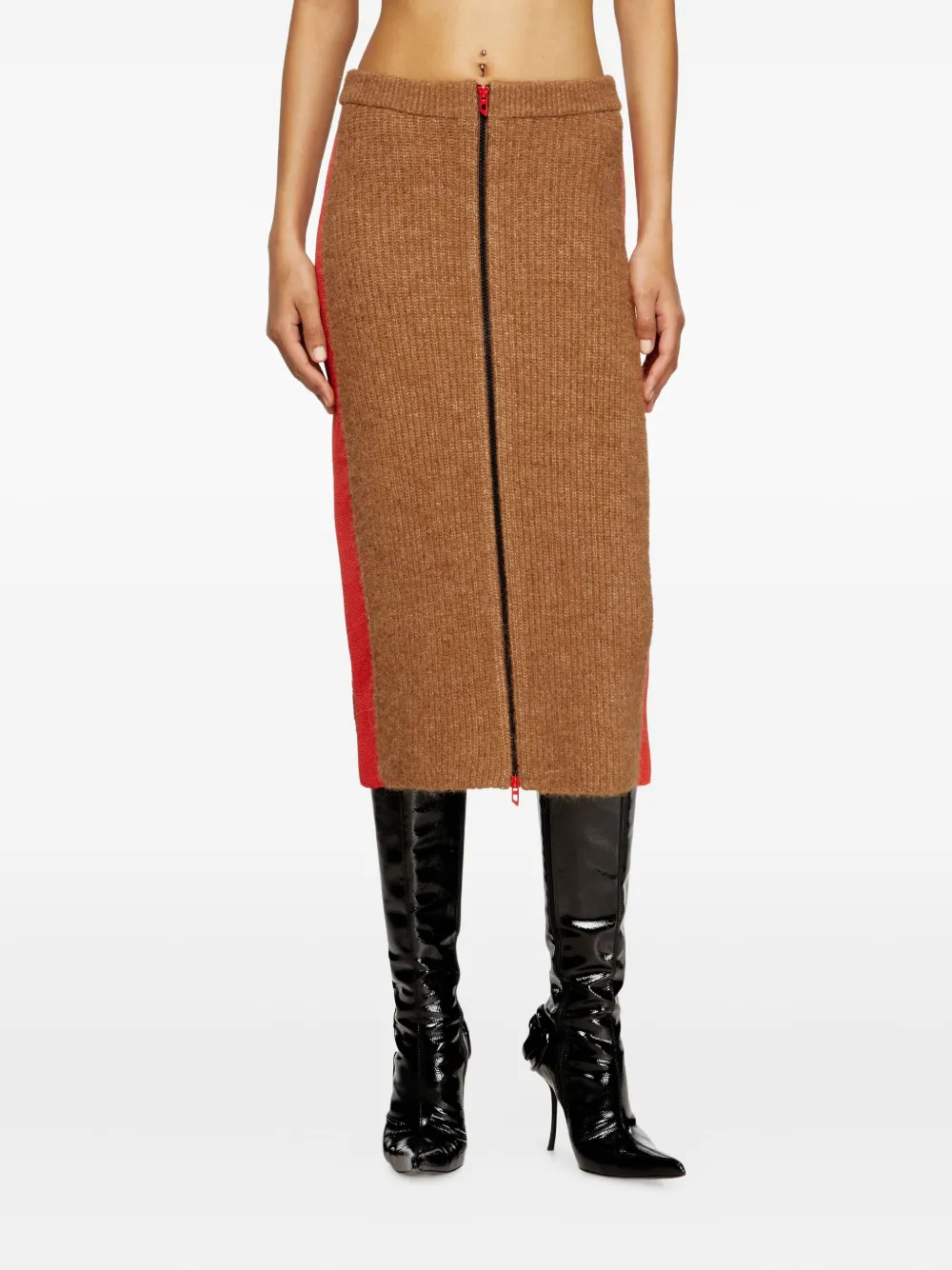 Diesel ribbed side-stripes zip-front midi straight skirt Bruin
