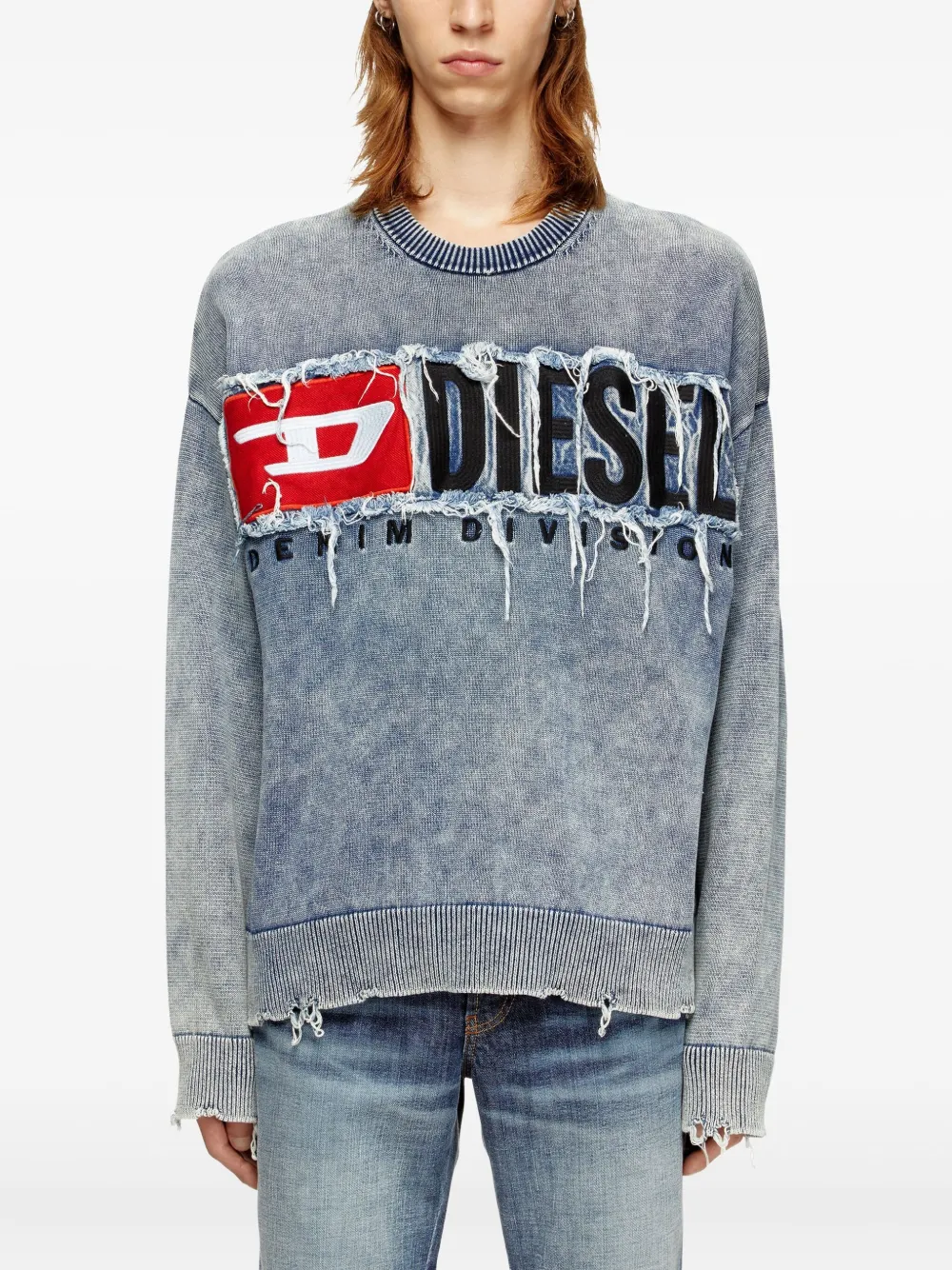 Diesel frayed logo-patch jumper Blauw
