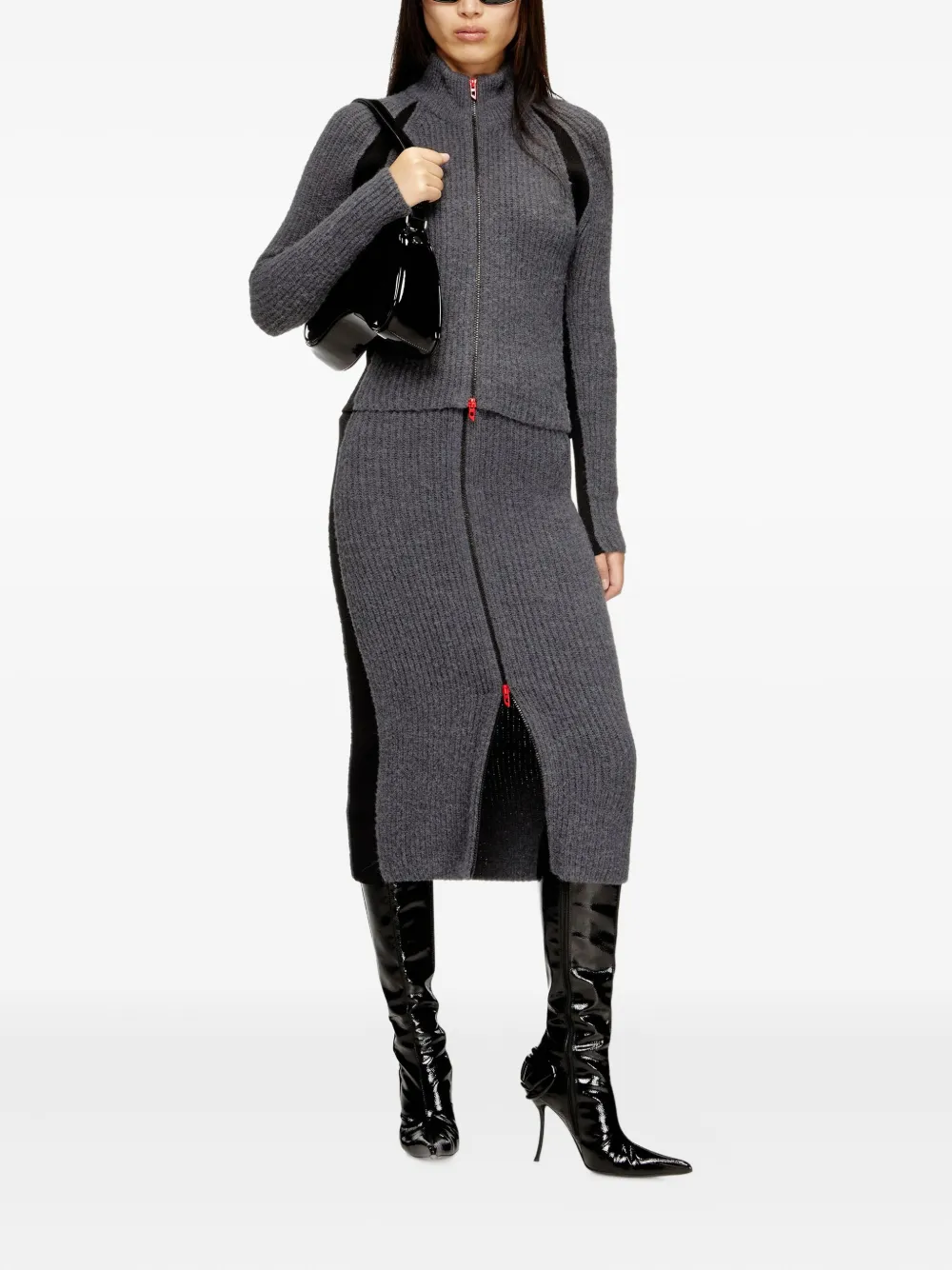 Diesel Ribbed Panel Zip-up Cardigan In Gray