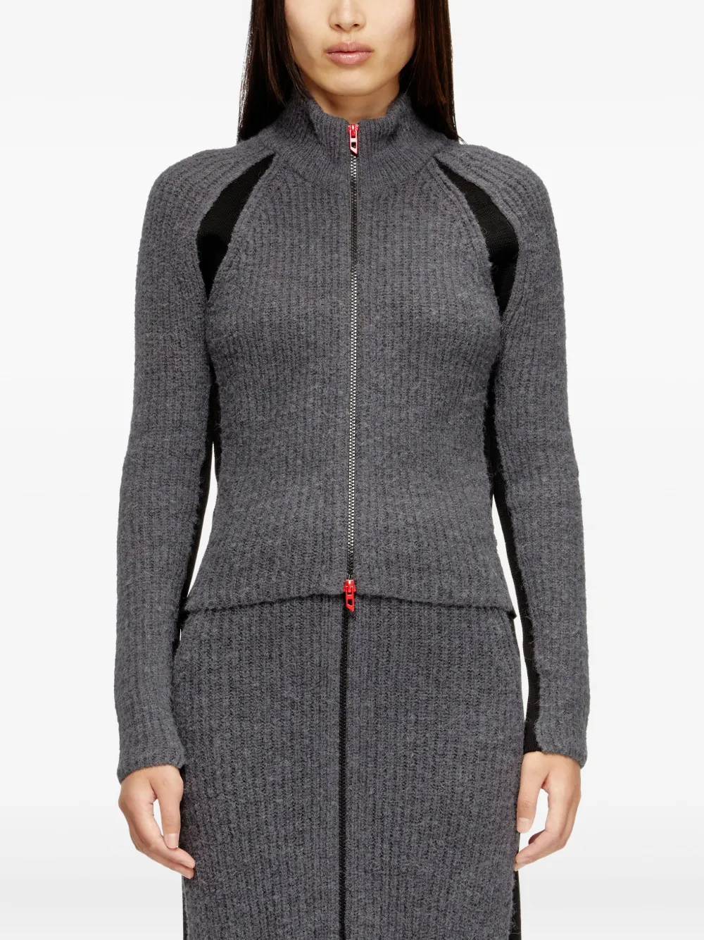 Diesel Ribbed Panel Zip-up Cardigan In Gray