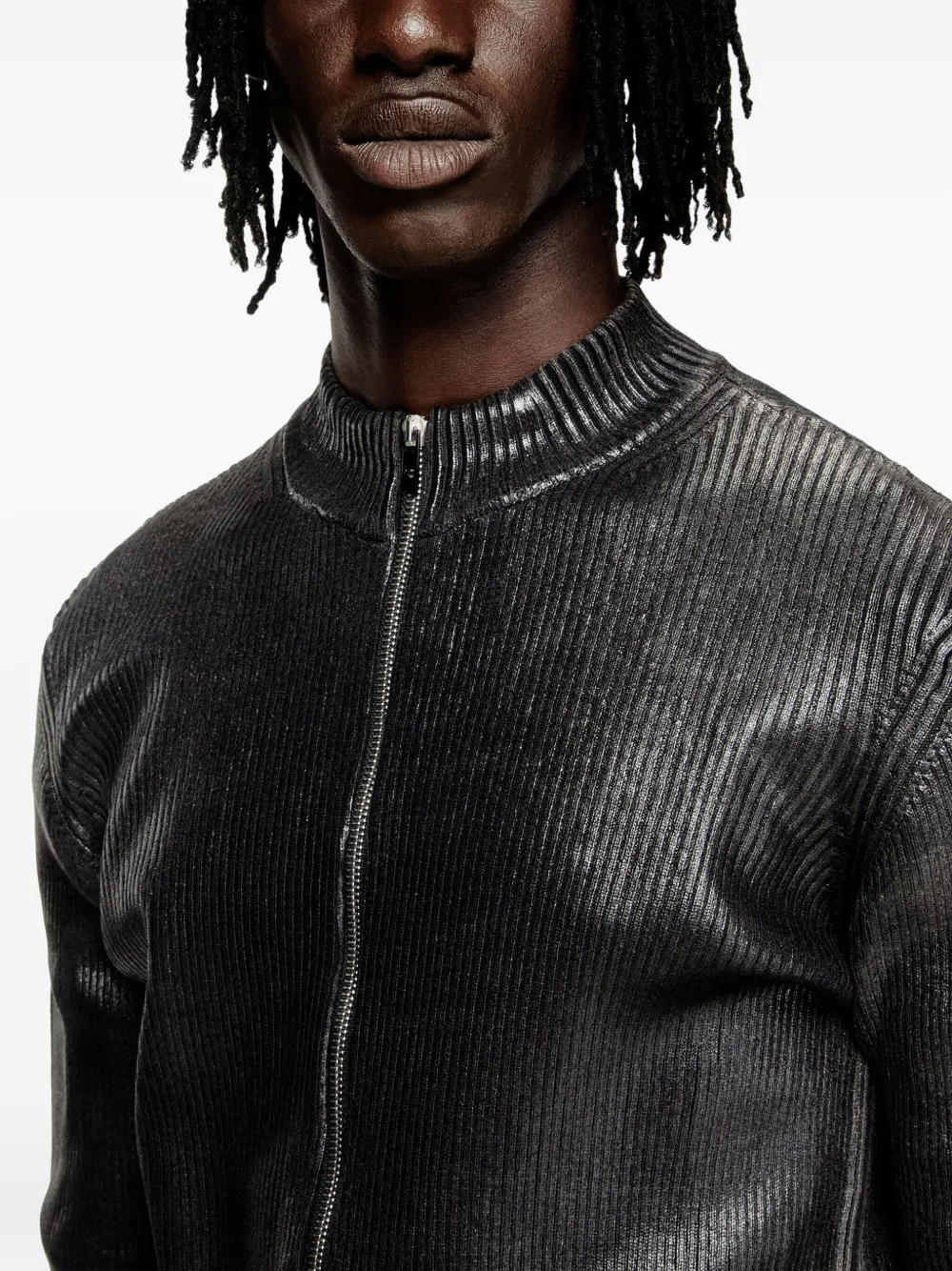 Diesel Denim-yarn Zip Cardigan With Shiny Effect In Black