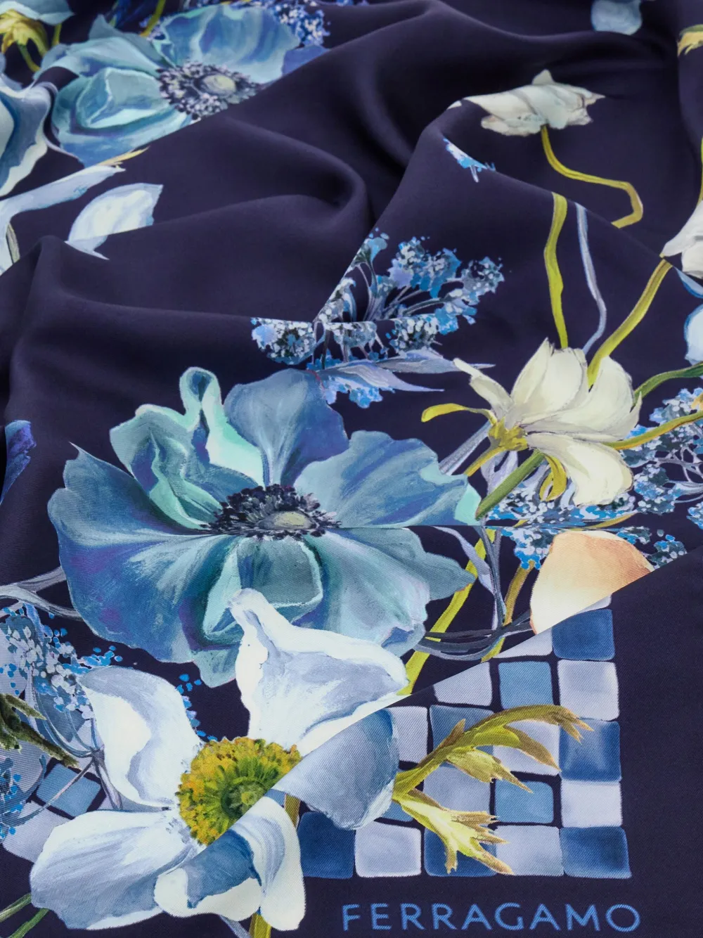 Ferragamo Zijden sjaal met Fiori-print Blauw