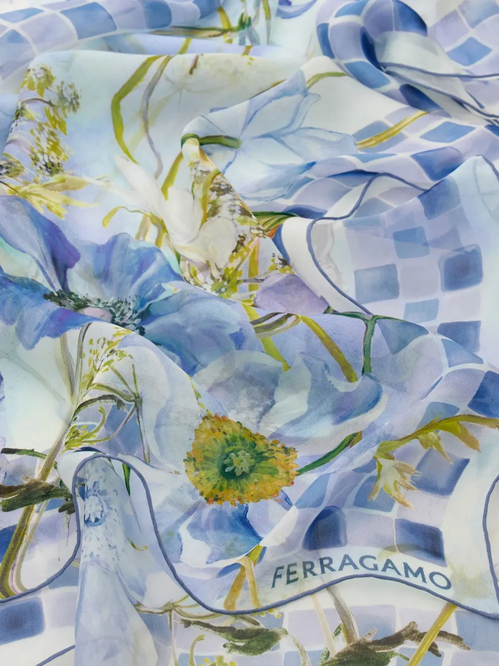 Ferragamo Zijden sjaal met Fiori-print Blauw