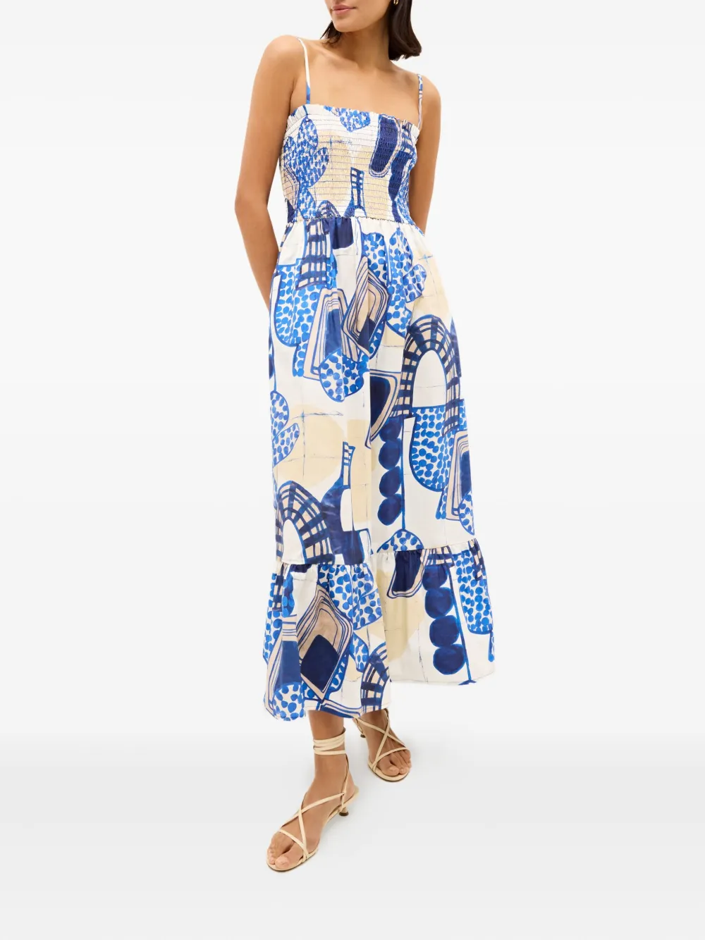 Marie Oliver Neeley Smocked Abstract-print Cotton Midi Dress In White