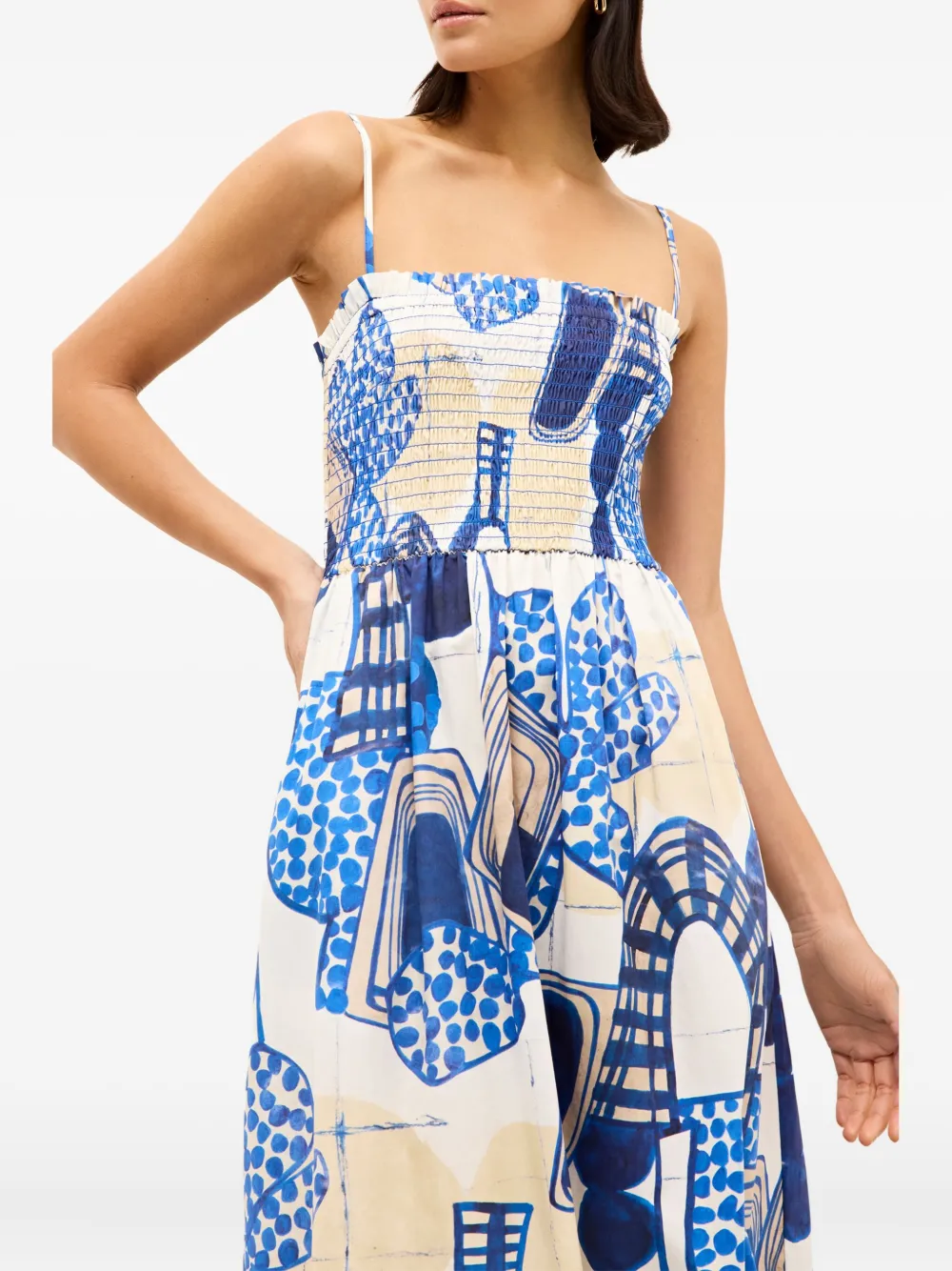 Marie Oliver Neeley Smocked Abstract-print Cotton Midi Dress In White
