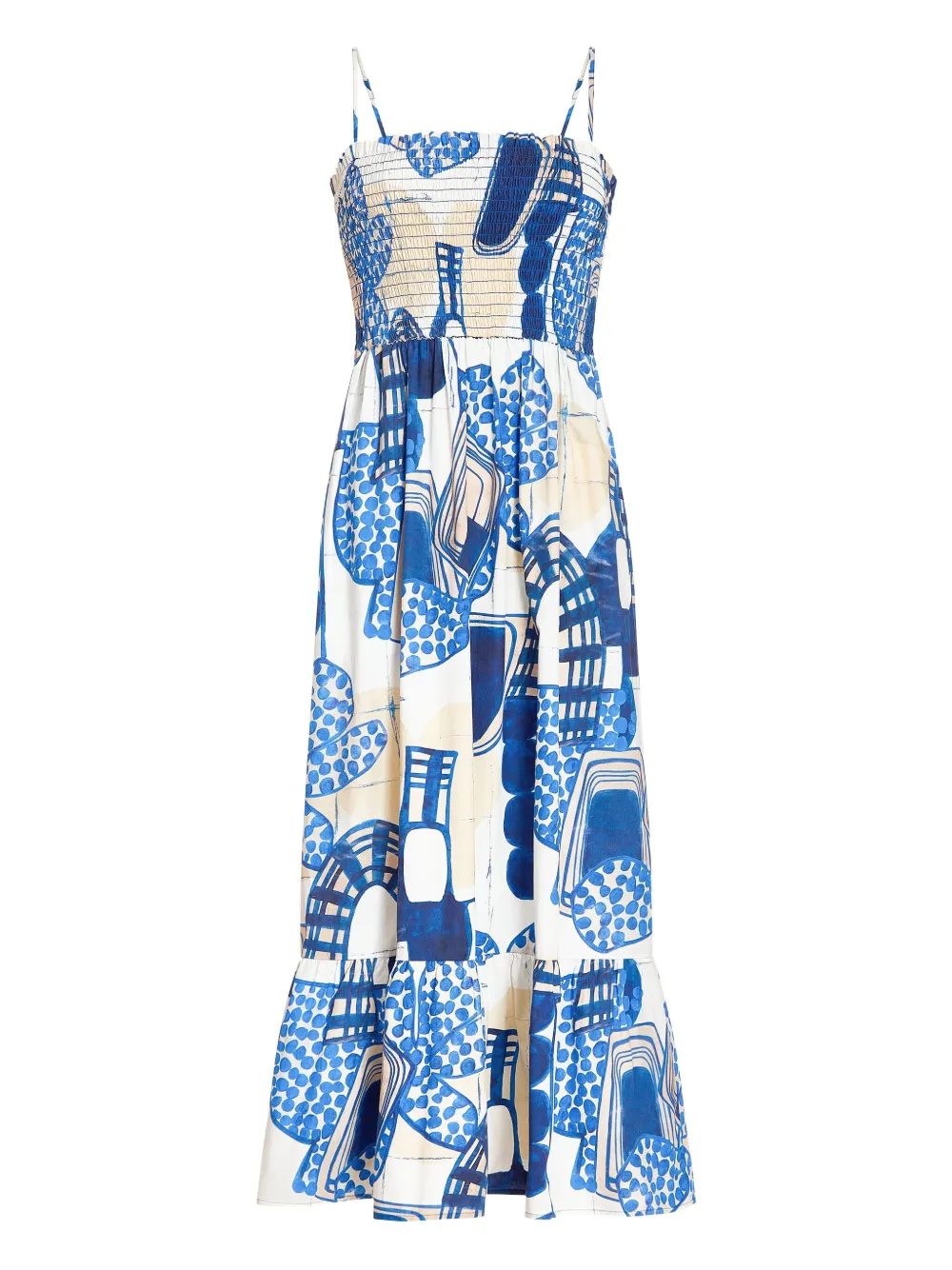 Marie Oliver Neeley Smocked Abstract-print Cotton Midi Dress In White