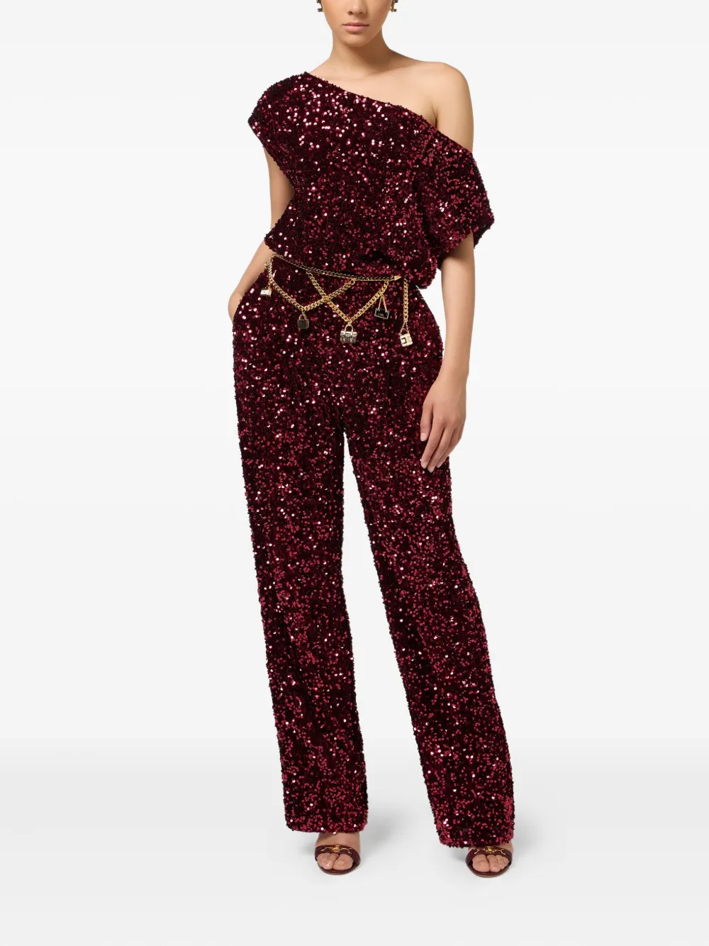 Elisabetta Franchi one-shoulder sequin jumpsuit - Rood