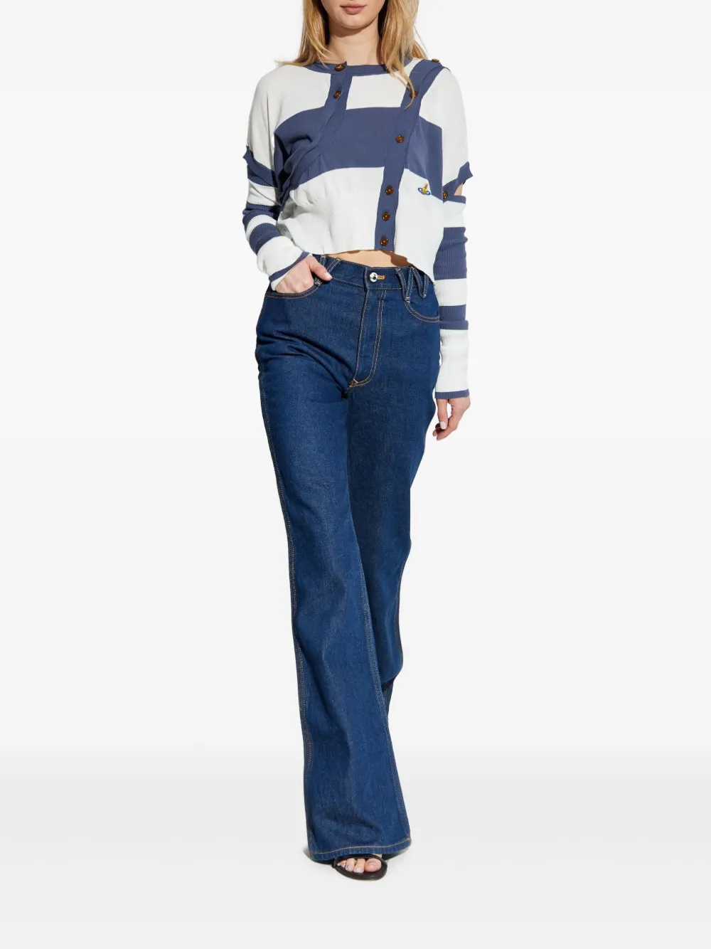 Shop Vivienne Westwood Striped Button-detail Cropped Cardigan In Blue
