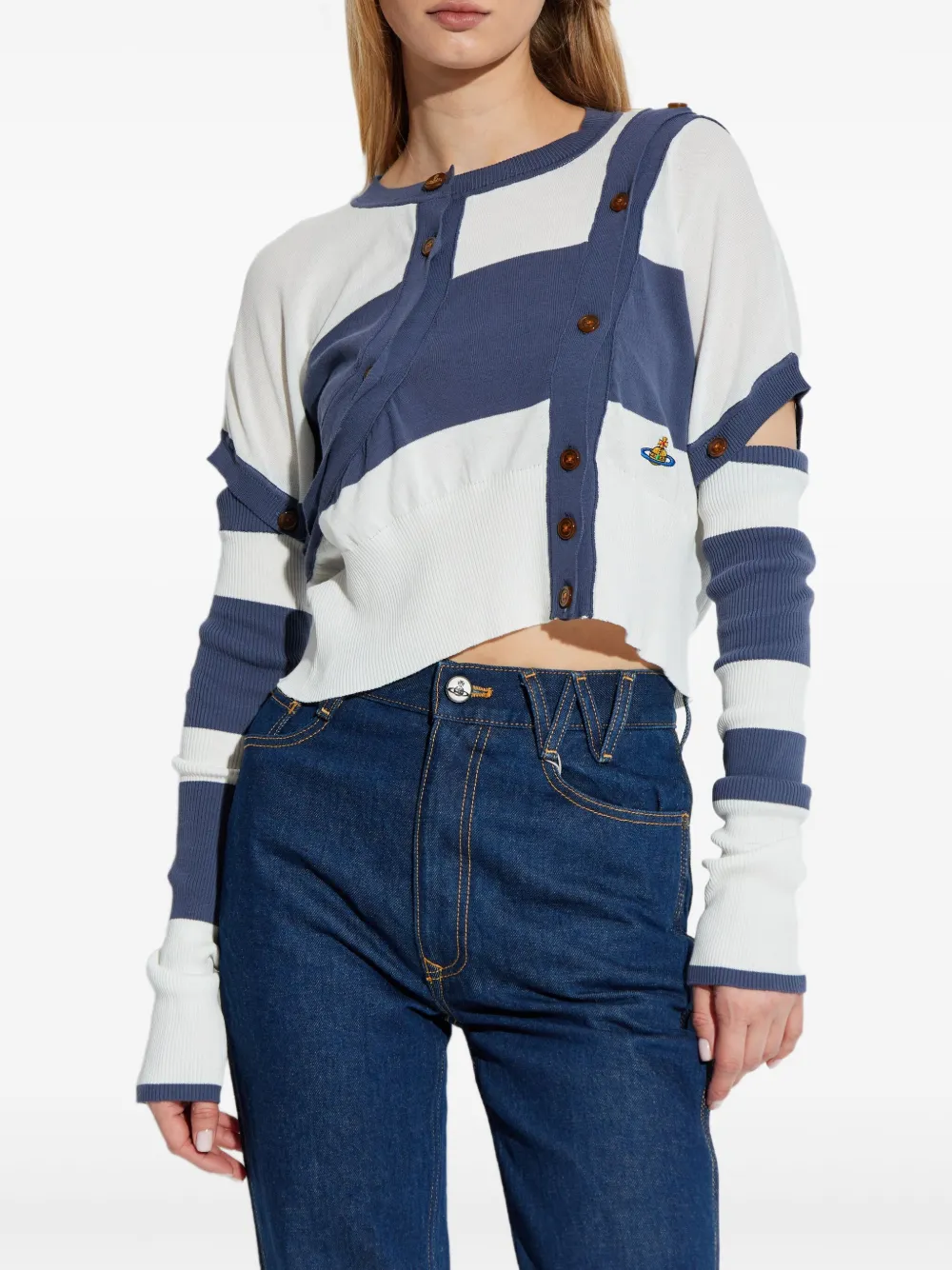 Shop Vivienne Westwood Striped Button-detail Cropped Cardigan In Blue