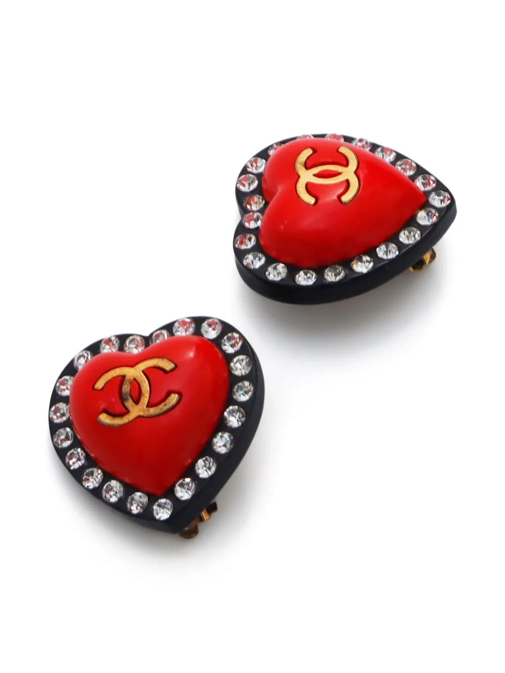 Pre-owned Chanel 1995 Heart Cc Mark Clip-on Earrings In Red