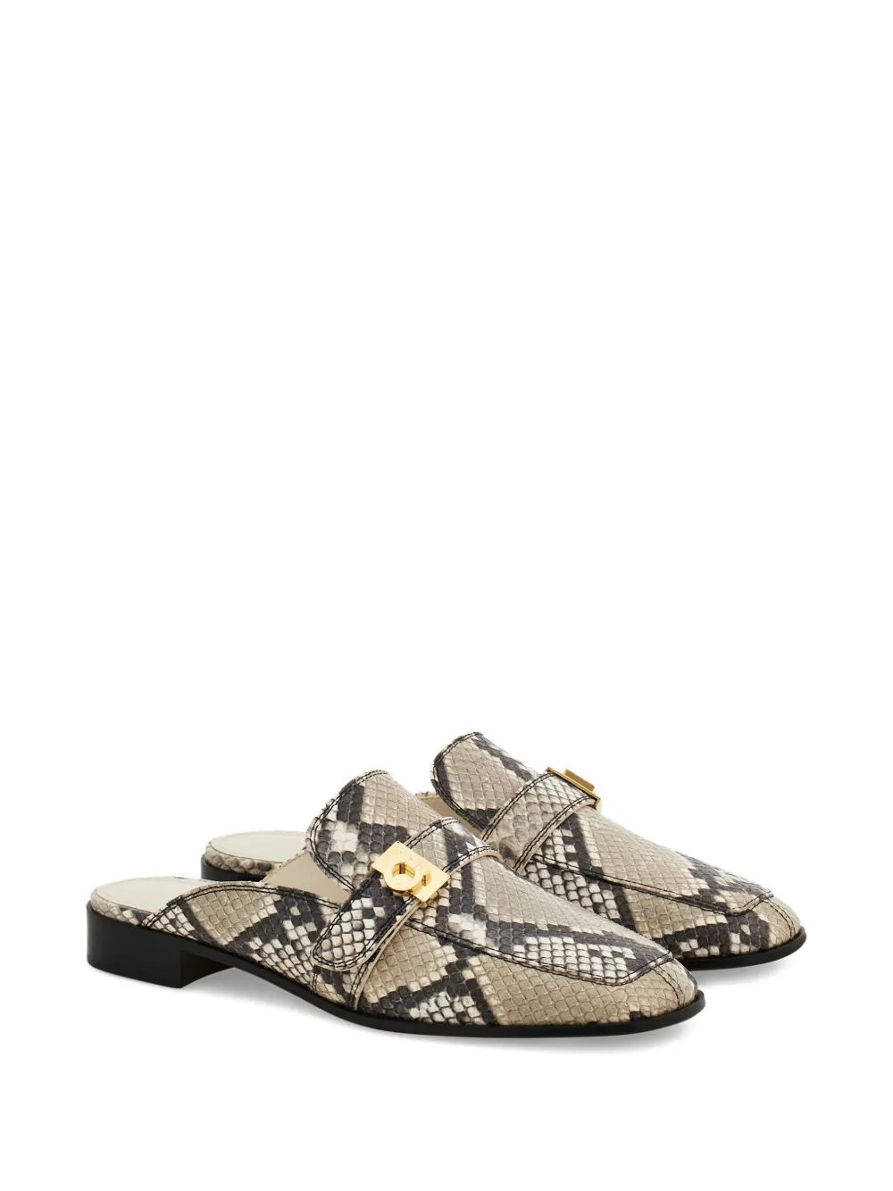 Ferragamo Snakeskin Buckle Mule In Gray