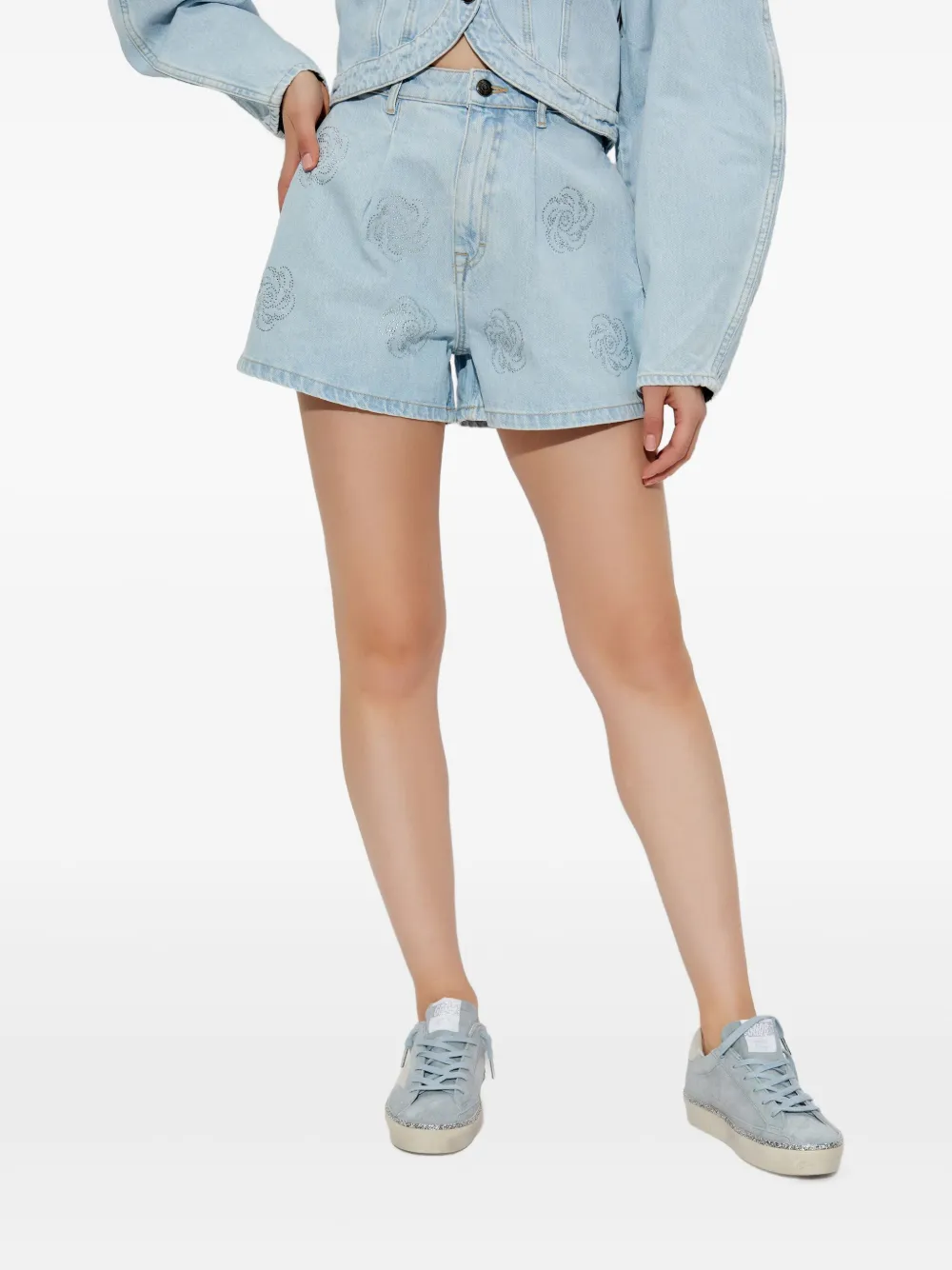 Rotate Birger Christensen Rotate High-waisted Denim Stud Shorts In Light Blue In Blue