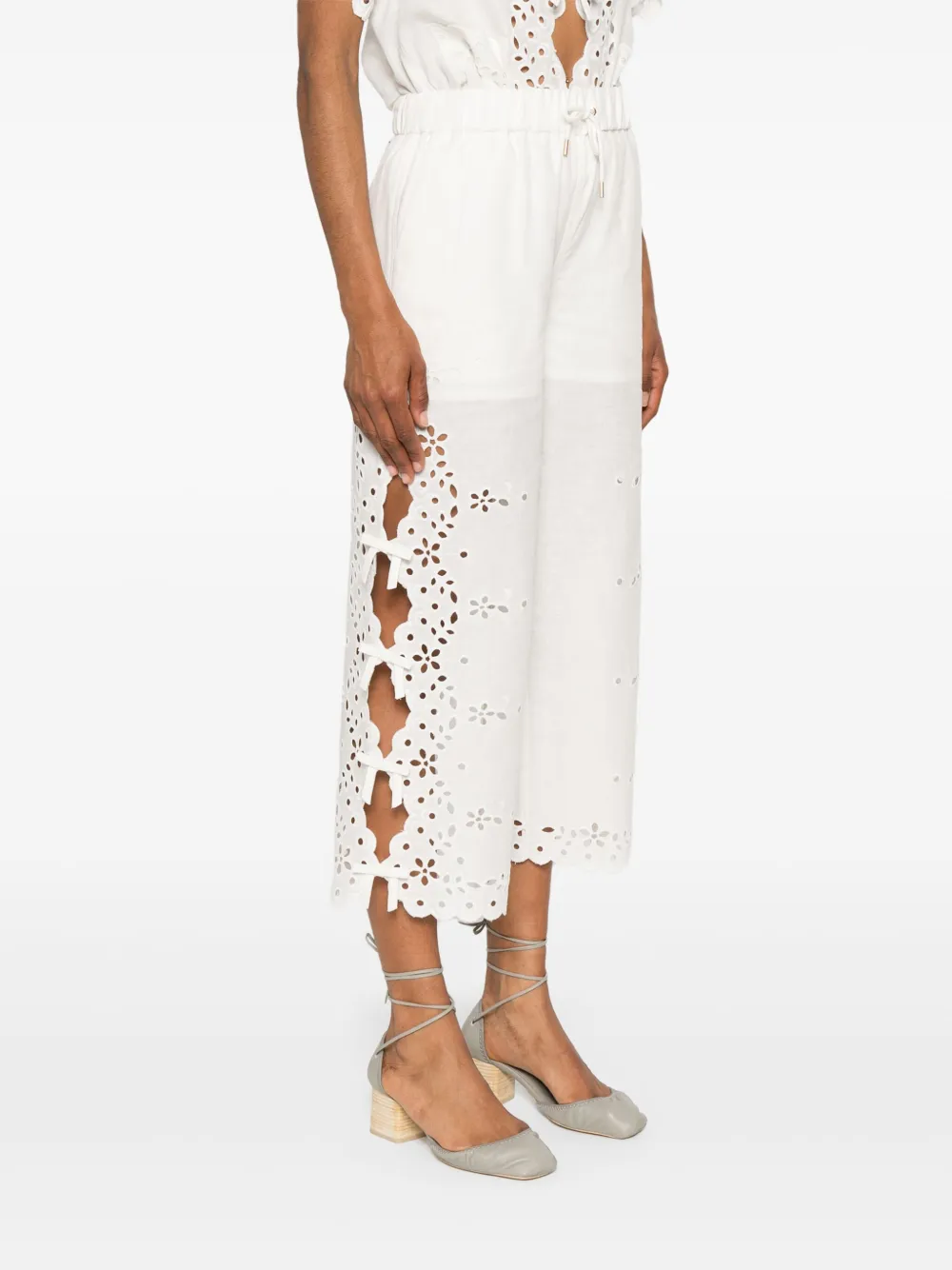 Self-portrait Embroidered Linen And Cotton Wide-leg Pants In White