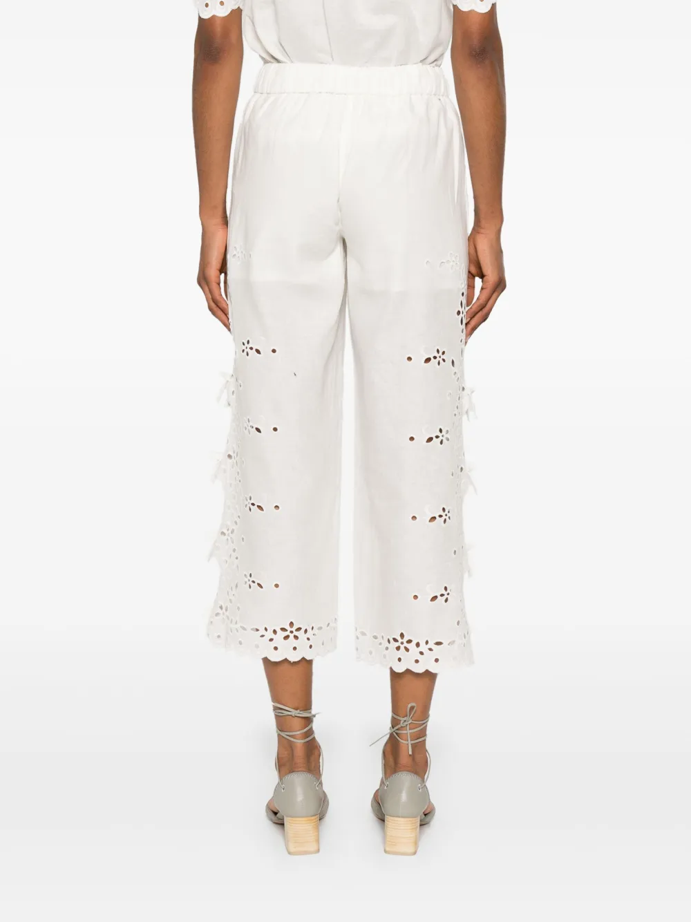 Self-portrait Embroidered Linen And Cotton Wide-leg Pants In White